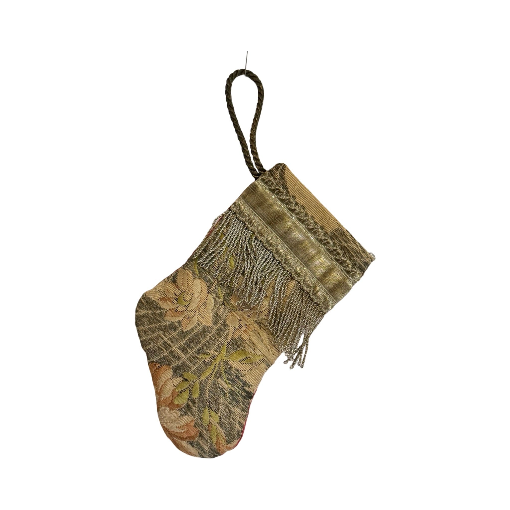 Handmade Mini Stocking Made From Vintage Fabric and Trims- Bronze Silver Metallic Ornament B. Viz Design D