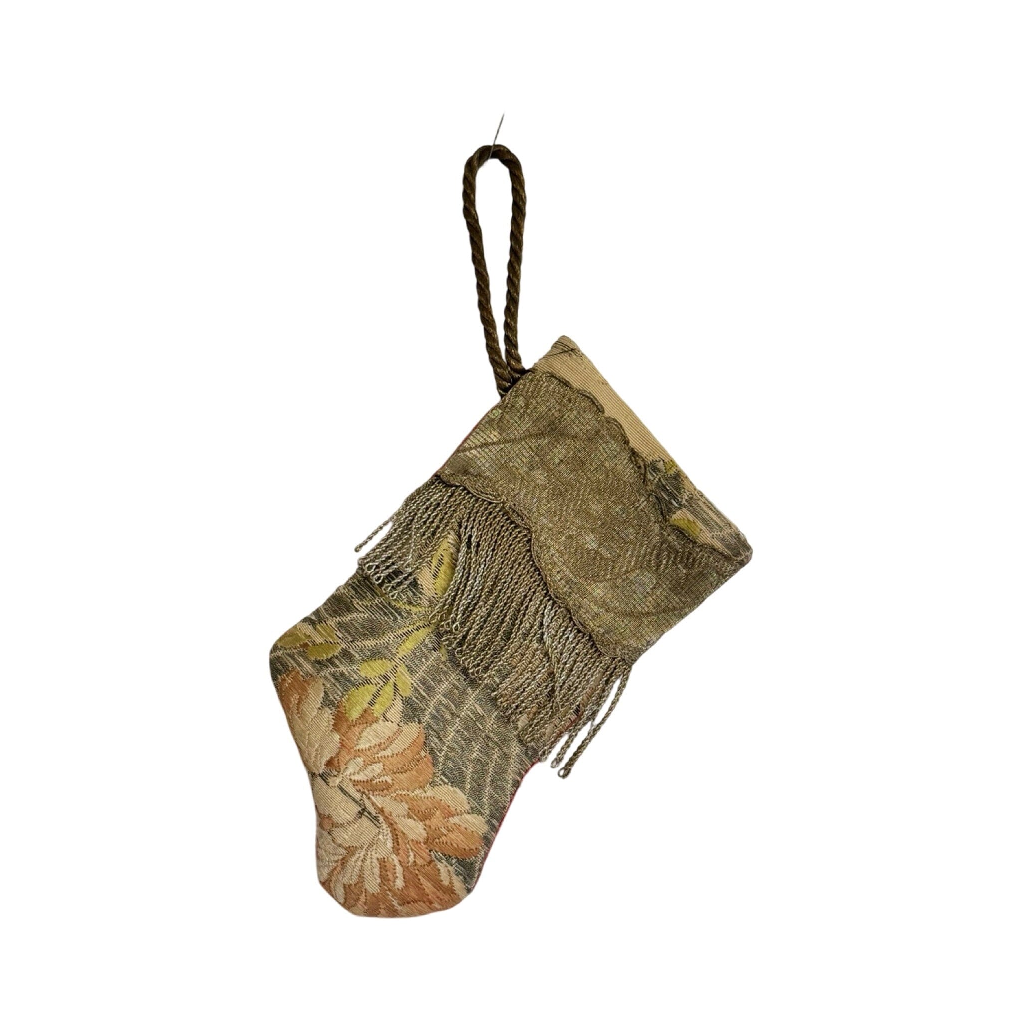 Handmade Mini Stocking Made From Vintage Fabric and Trims- Bronze Silver Metallic Ornament B. Viz Design E