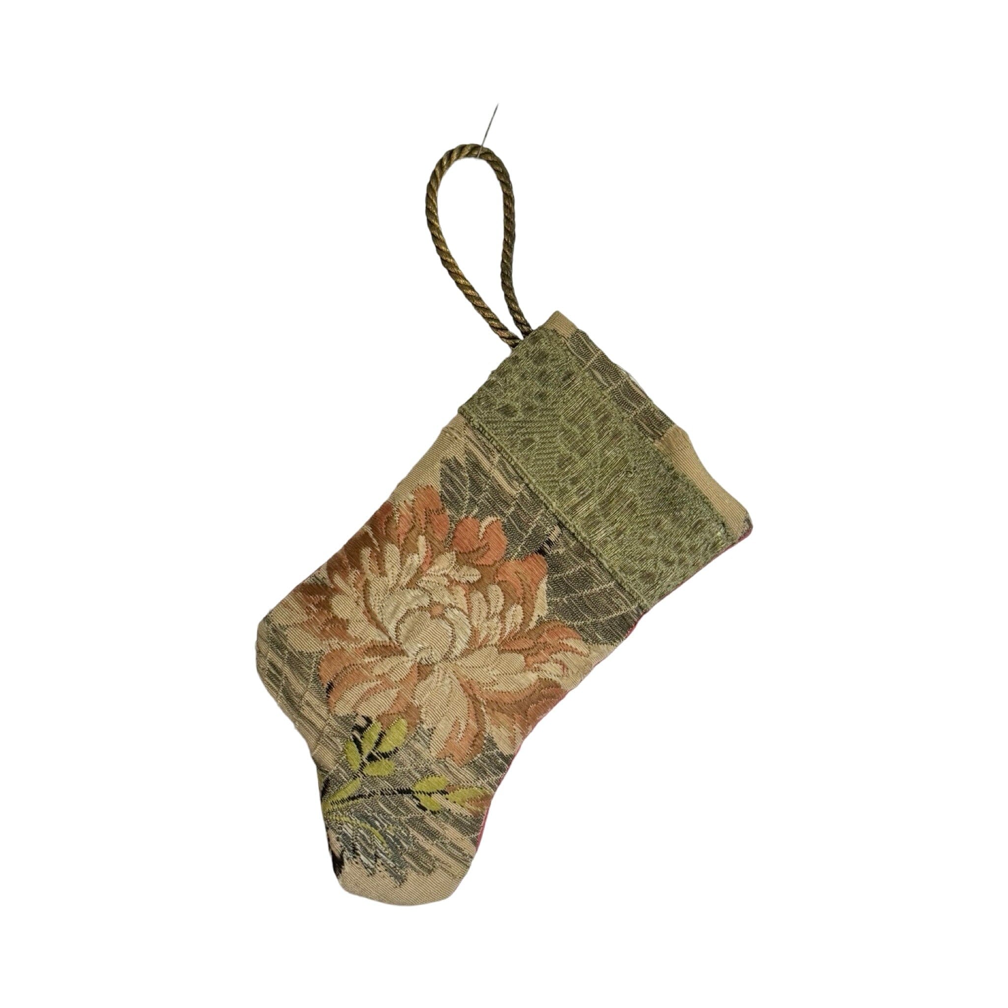 Handmade Mini Stocking Made From Vintage Fabric and Trims- Bronze Silver Metallic Ornament B. Viz Design F