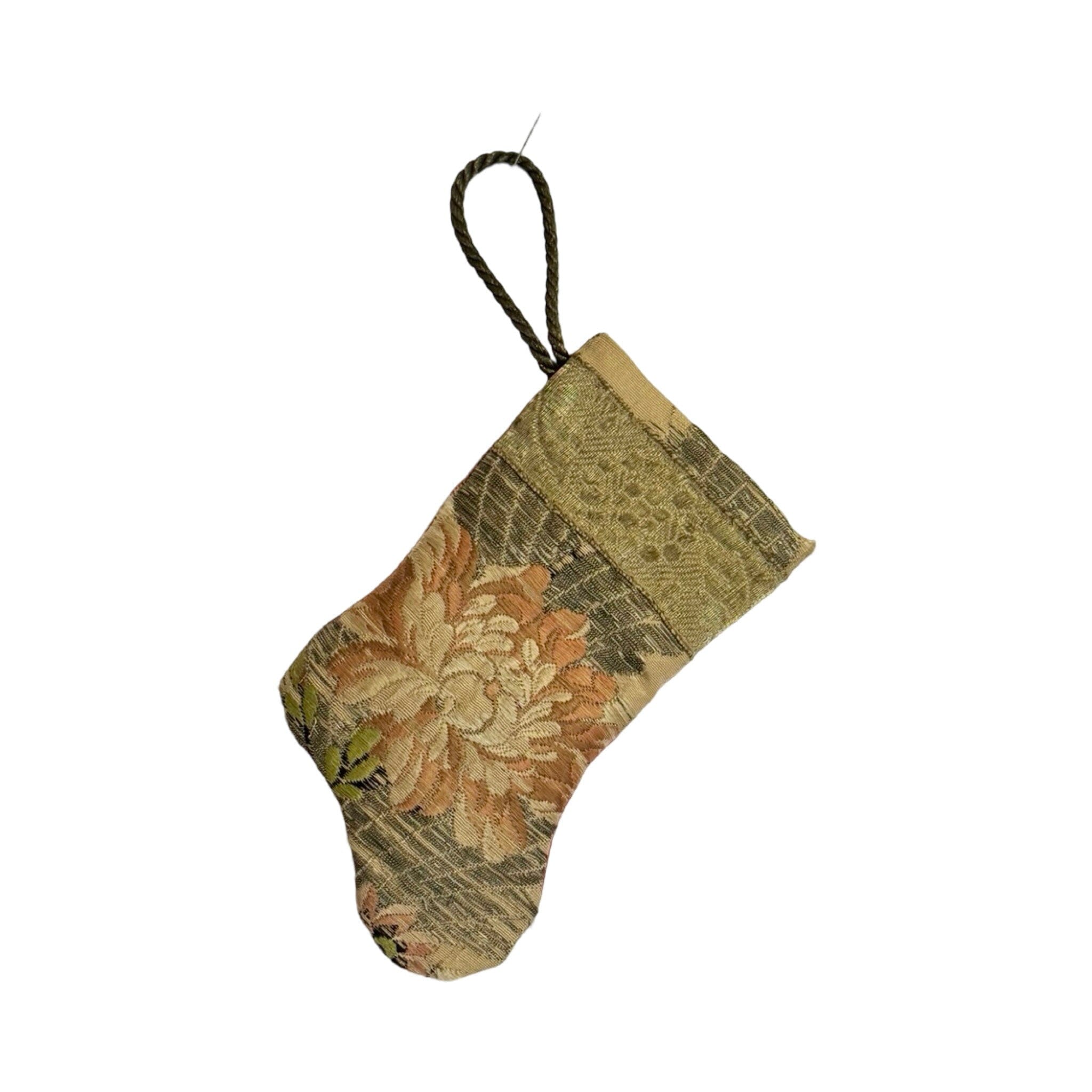 Handmade Mini Stocking Made From Vintage Fabric and Trims- Bronze Silver Metallic Ornament B. Viz Design G