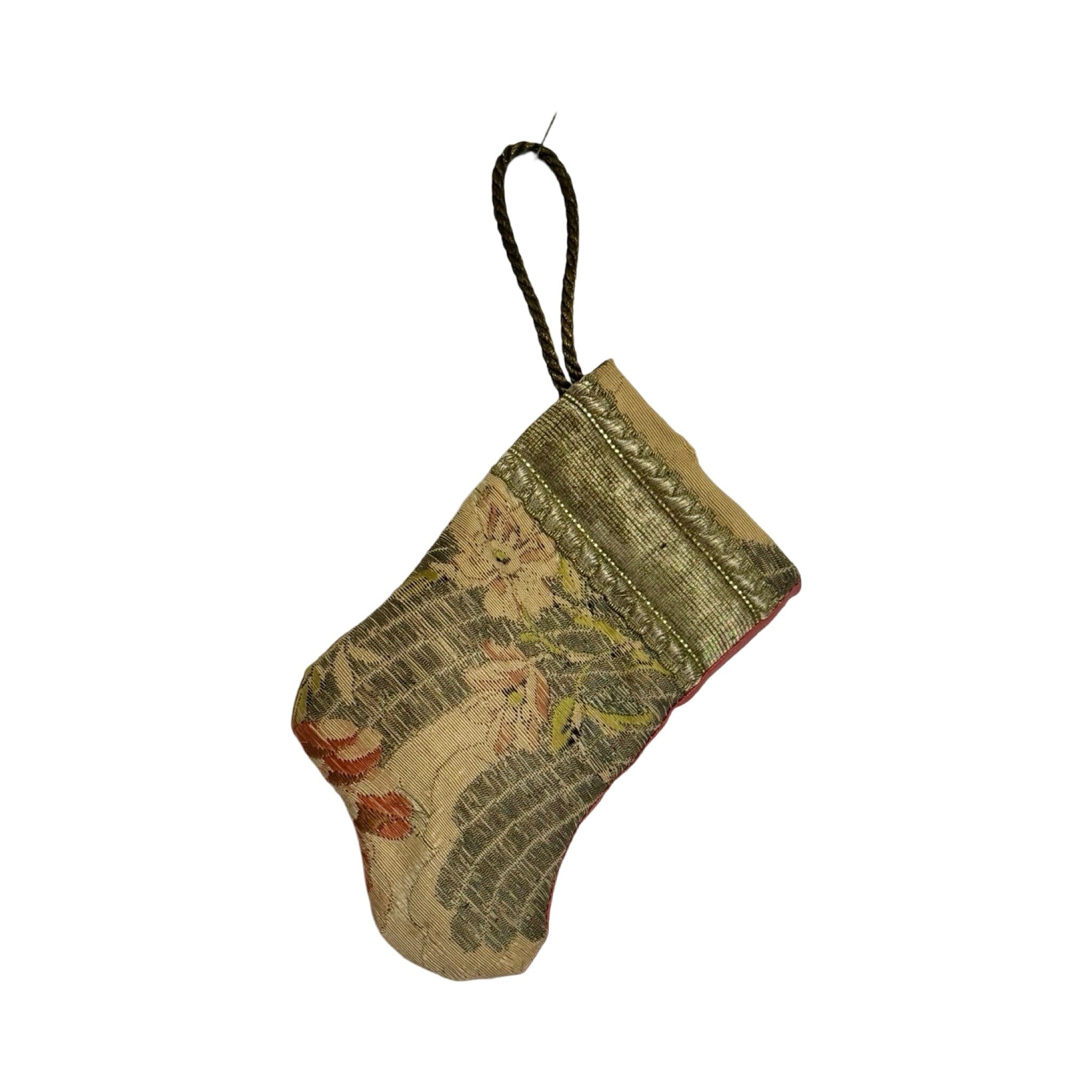 Handmade Mini Stocking Made From Vintage Fabric and Trims- Bronze Silver Metallic Ornament B. Viz Design H