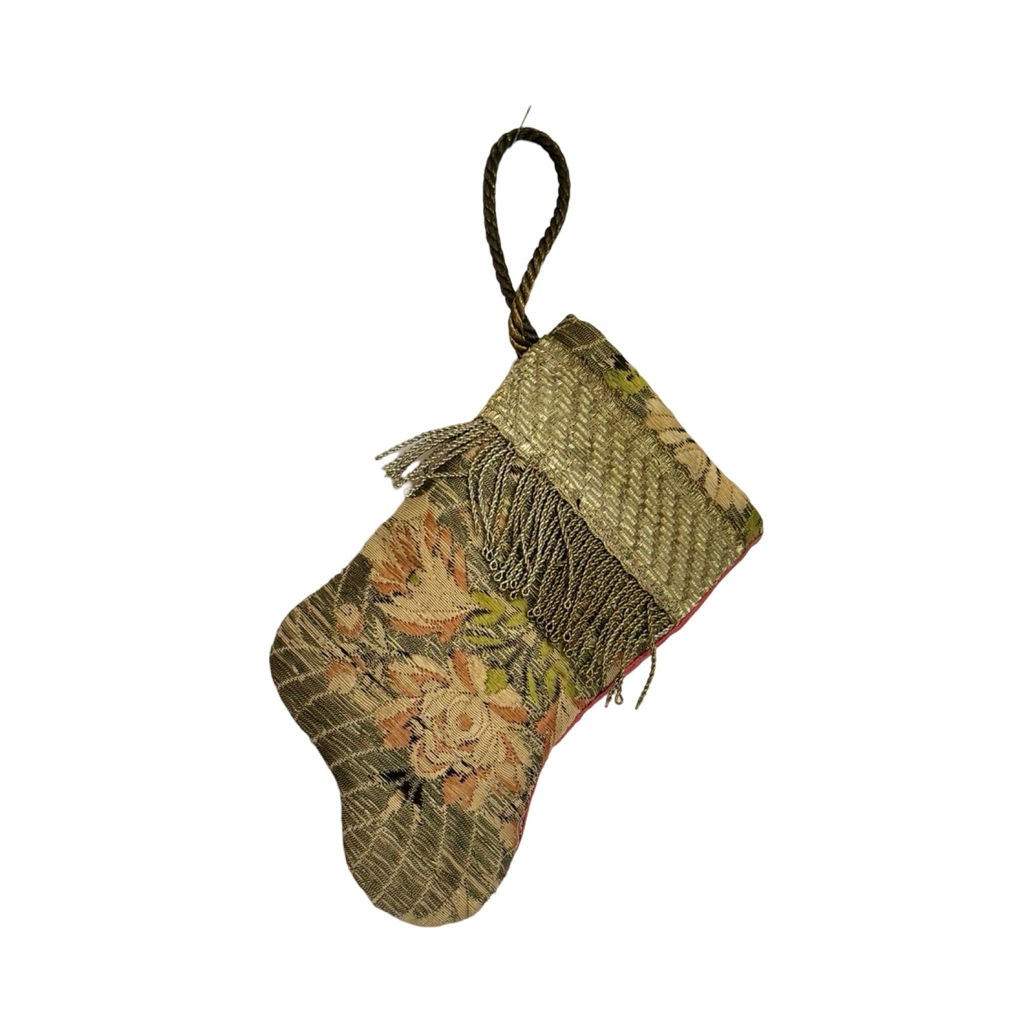 Handmade Mini Stocking Made From Vintage Fabric and Trims- Bronze Silver Metallic Ornament B. Viz Design I