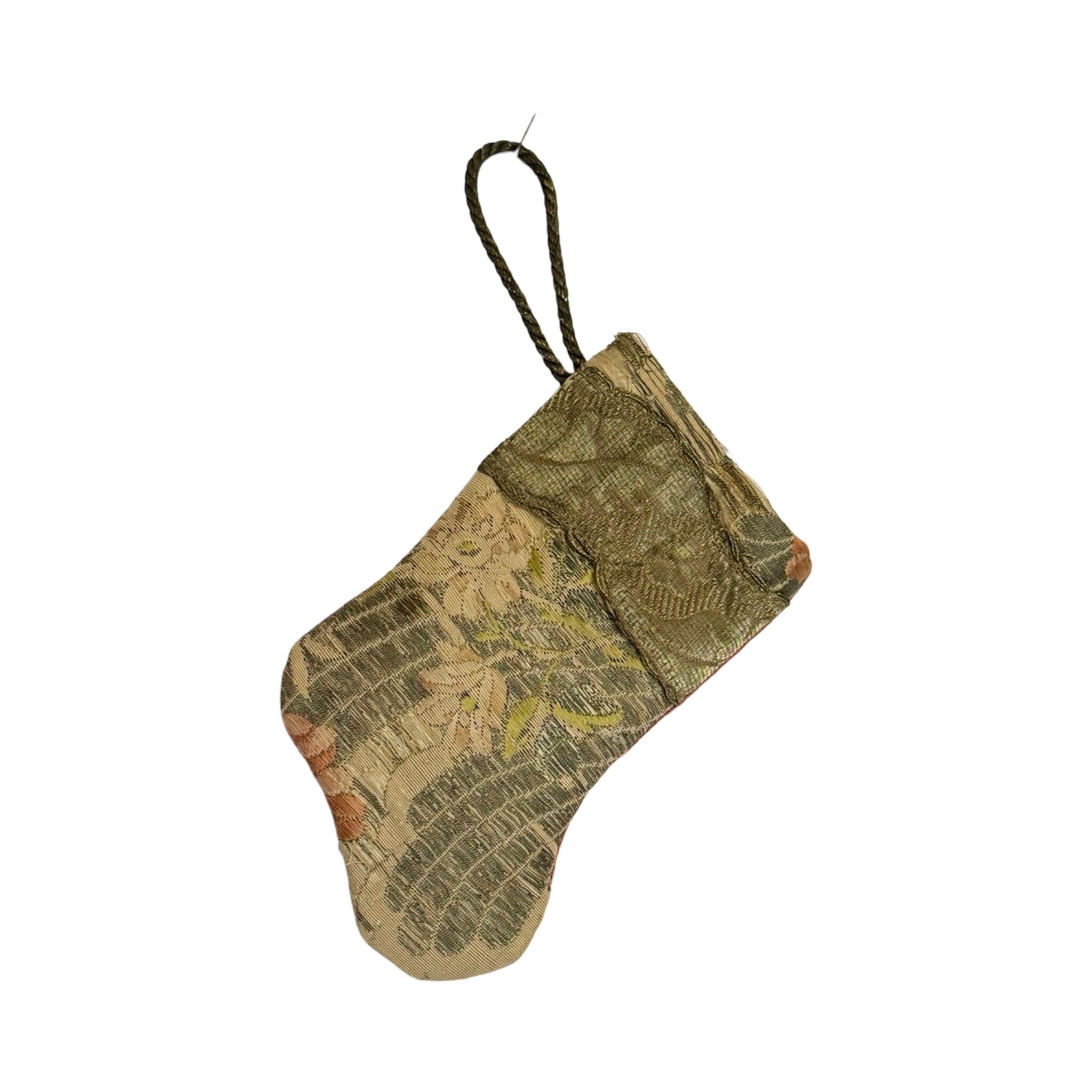 Handmade Mini Stocking Made From Vintage Fabric and Trims- Bronze Silver Metallic Ornament B. Viz Design J