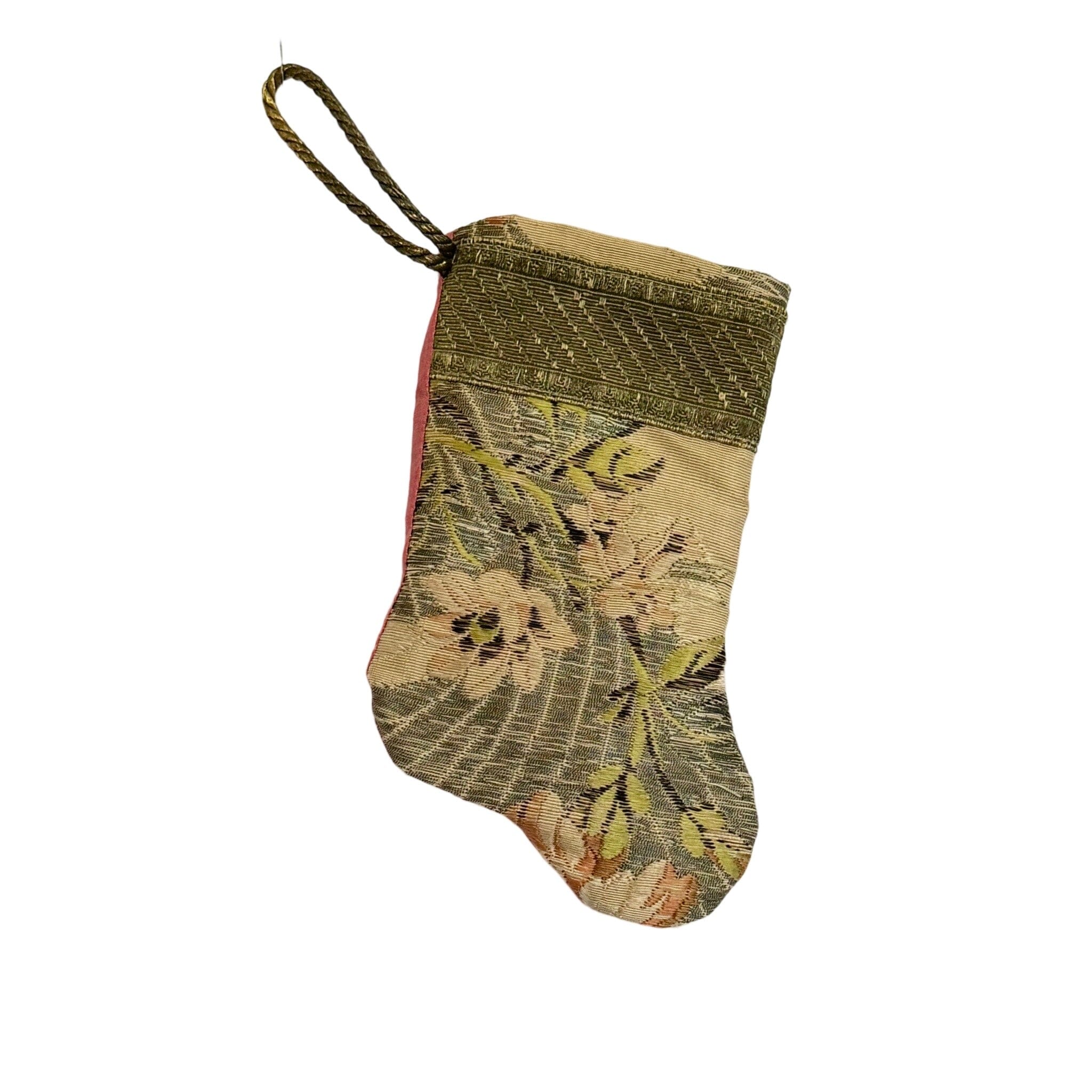Handmade Mini Stocking Made From Vintage Fabric and Trims- Bronze Silver Metallic Ornament B. Viz Design K
