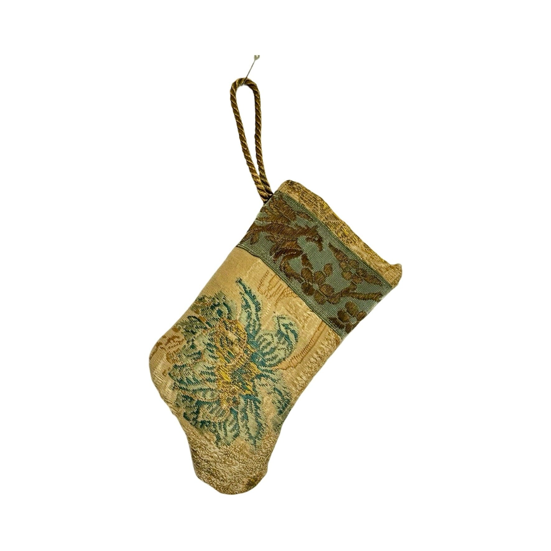 Handmade Mini Stocking Made From Vintage Fabric and Trims- Champagne Embroidery Ornament B. Viz Design