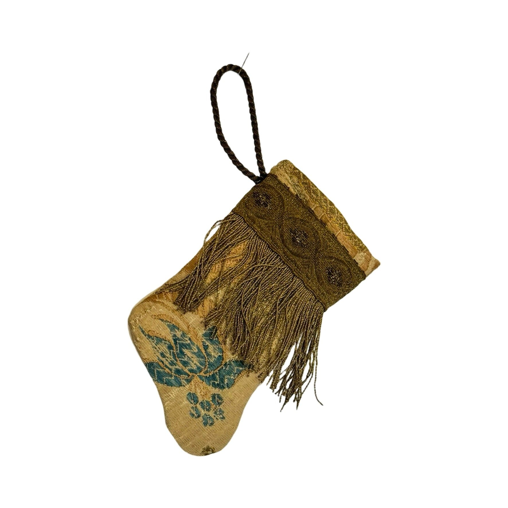 Handmade Mini Stocking Made From Vintage Fabric and Trims- Champagne Embroidery Ornament B. Viz Design A