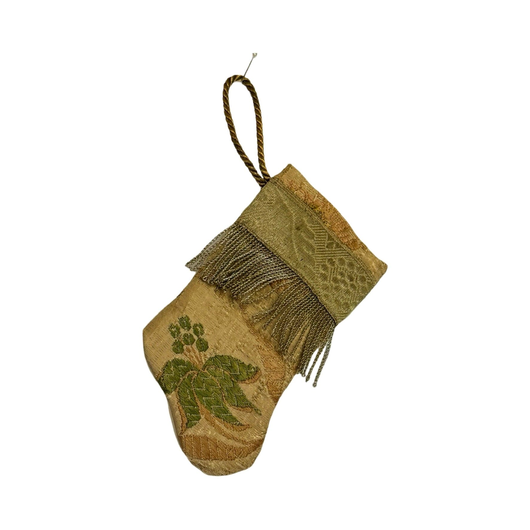 Handmade Mini Stocking Made From Vintage Fabric and Trims- Champagne Embroidery Ornament B. Viz Design E