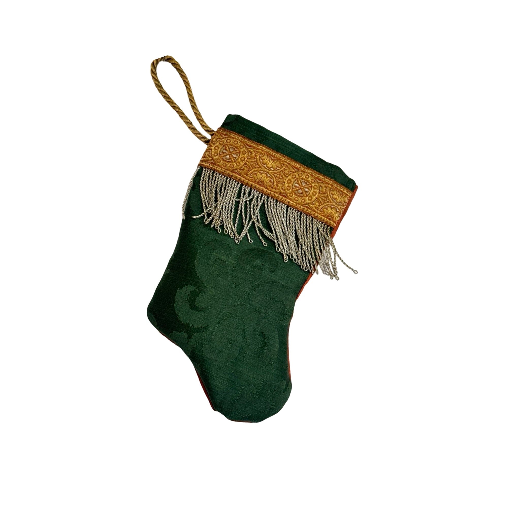 Handmade Mini Stocking Made From Vintage Fabric and Trims- Emerald Green Ornament B. Viz Design B