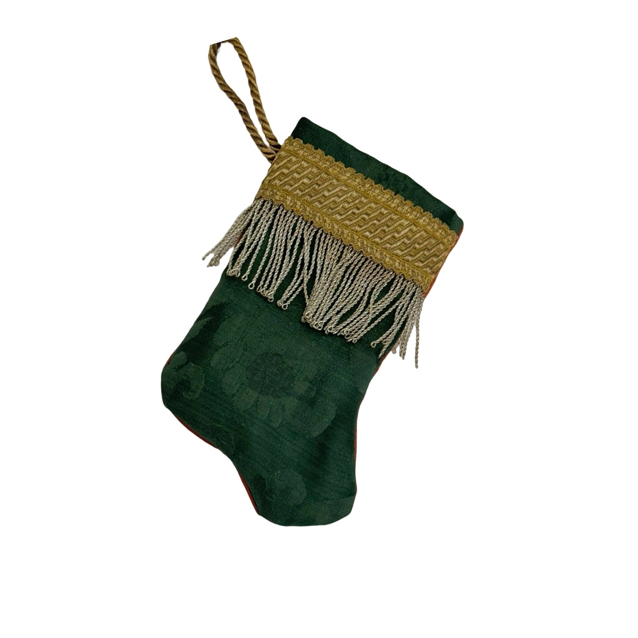 Handmade Mini Stocking Made From Vintage Fabric and Trims- Emerald Green Ornament B. Viz Design C