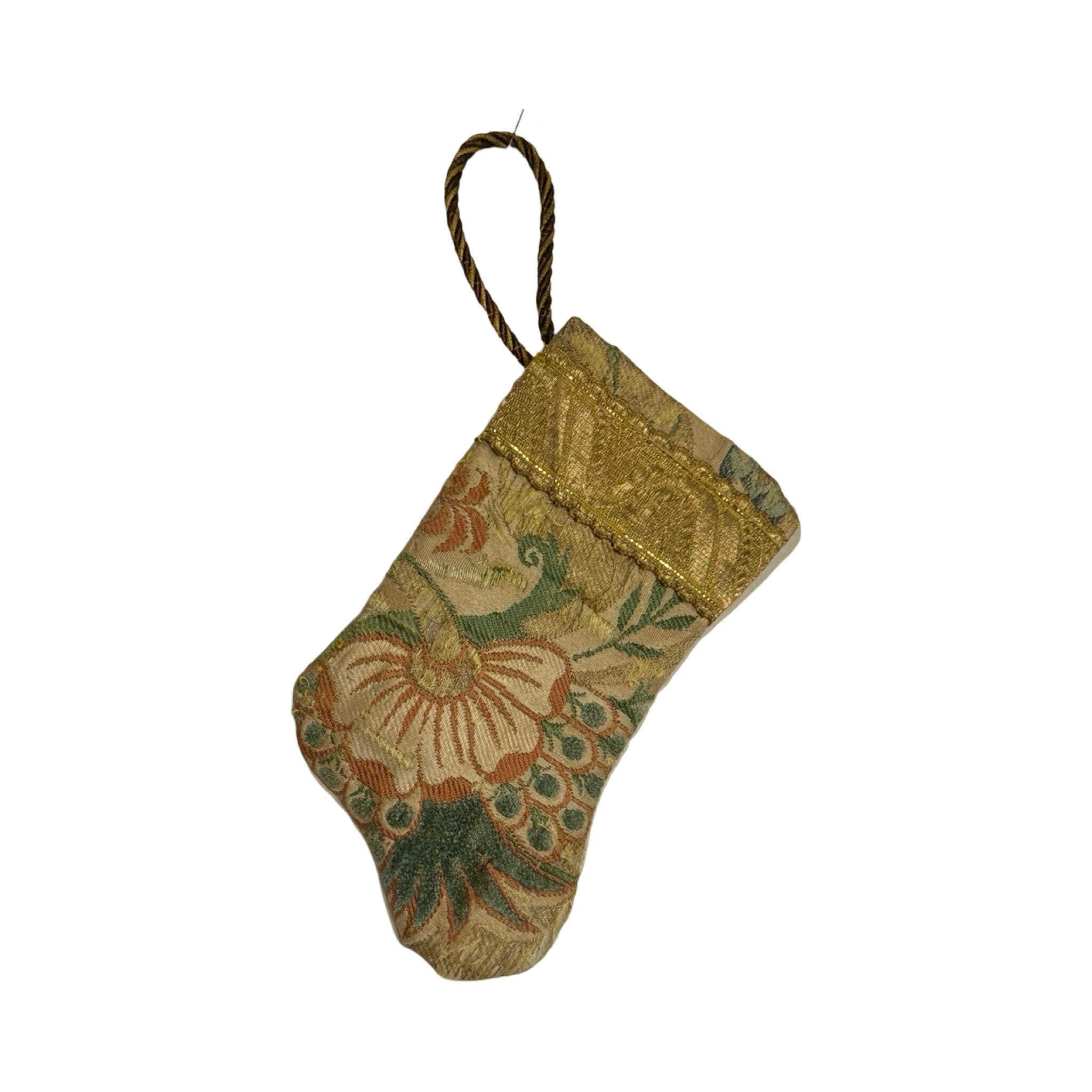Handmade Mini Stocking Made From Vintage Fabric and Trims- Green and Gold Ornament B. Viz Design A