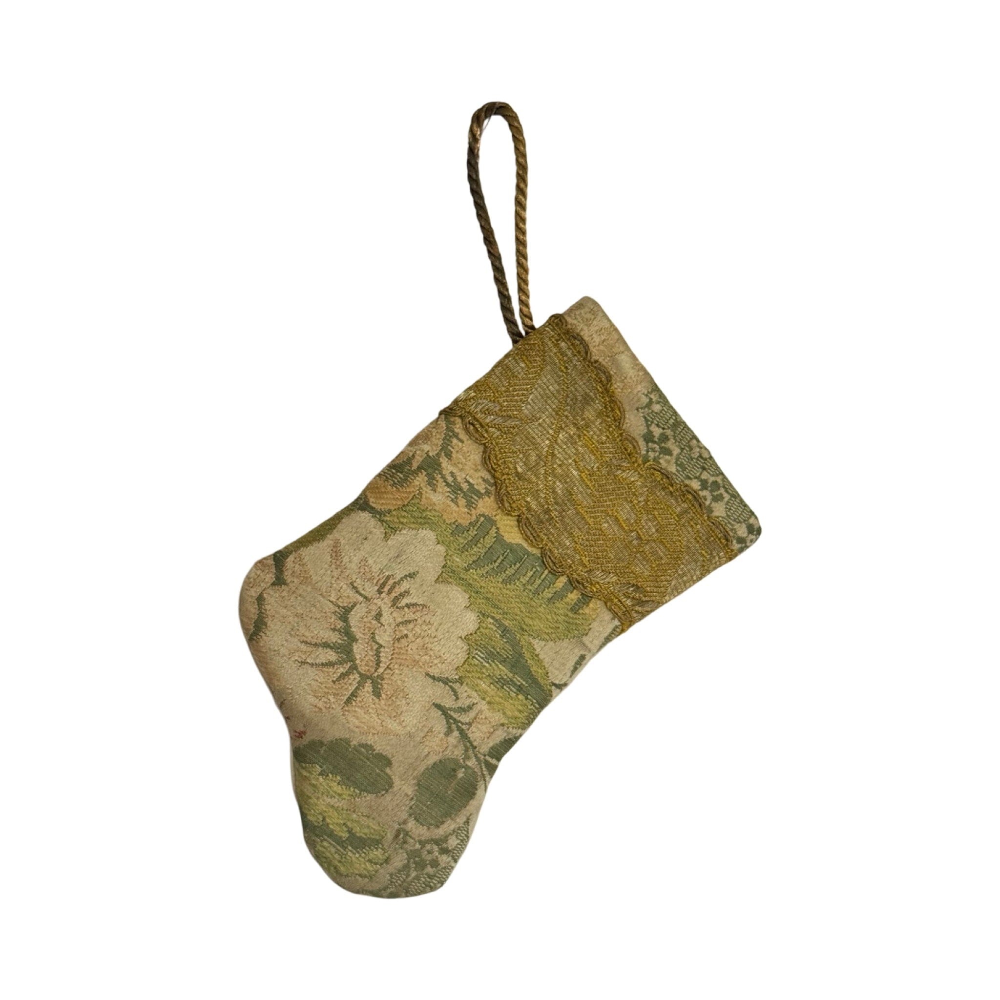 Handmade Mini Stocking Made From Vintage Fabric and Trims- Green and Gold Ornament B. Viz Design B