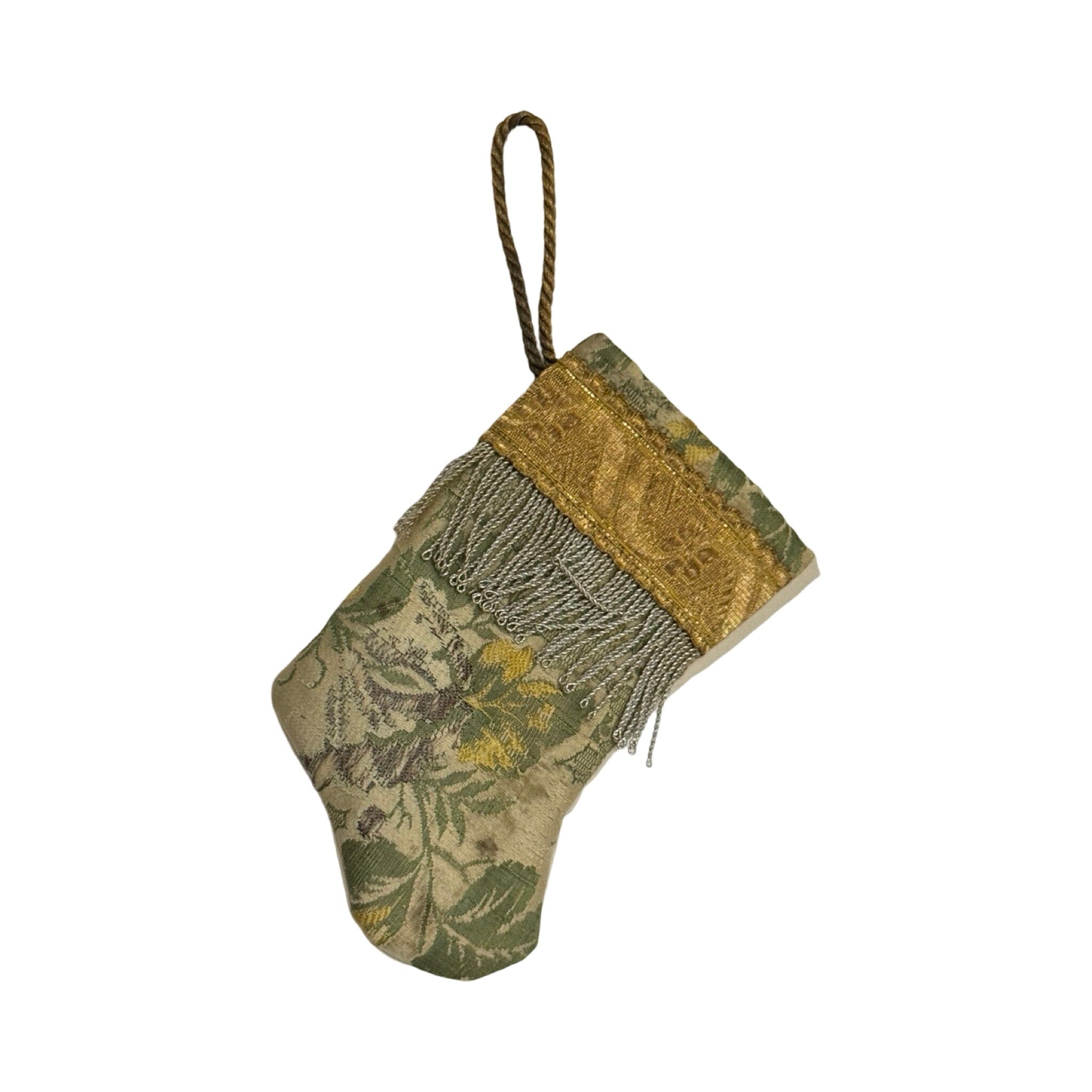 Handmade Mini Stocking Made From Vintage Fabric and Trims- Green and Gold Ornament B. Viz Design D