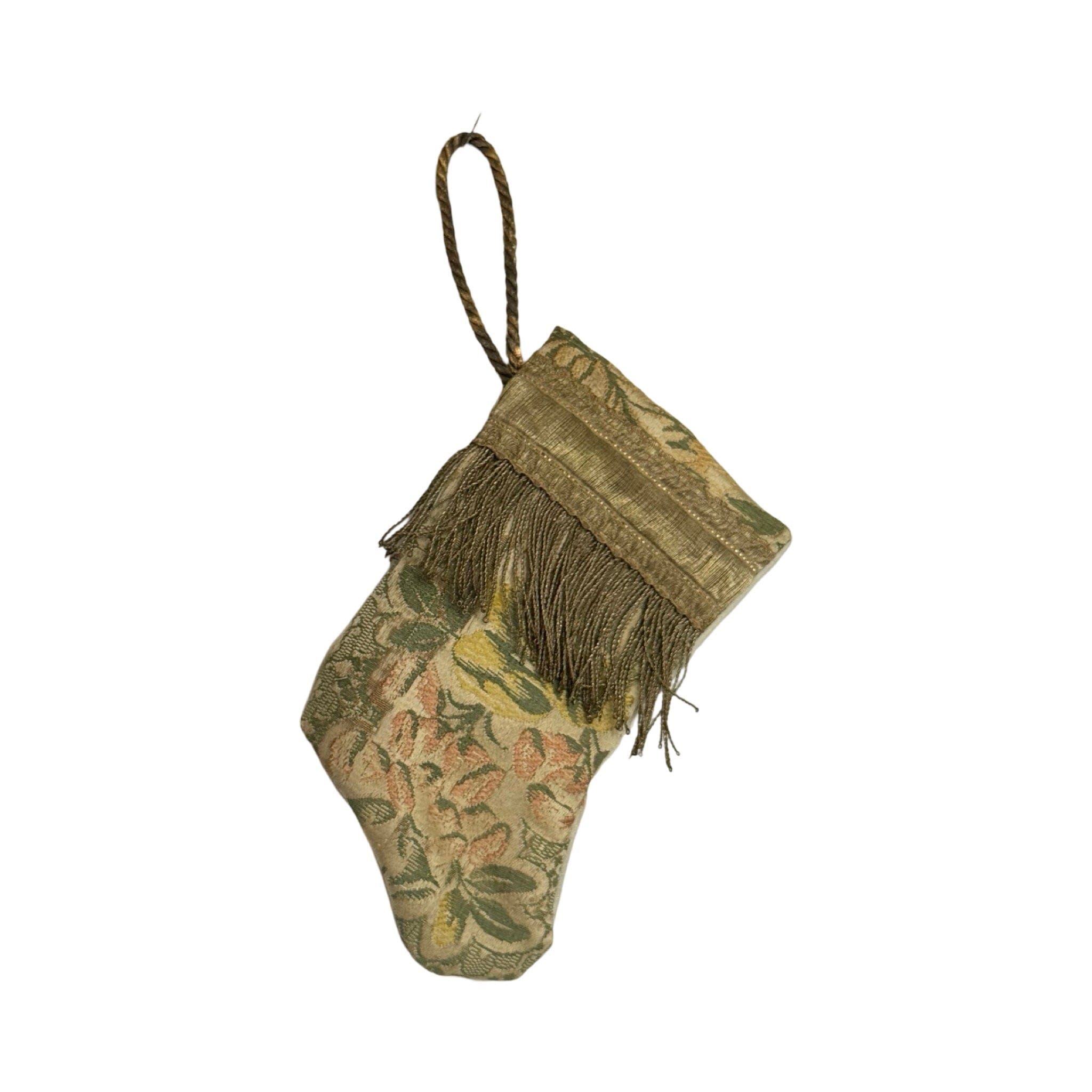 Handmade Mini Stocking Made From Vintage Fabric and Trims- Green and Gold Ornament B. Viz Design G