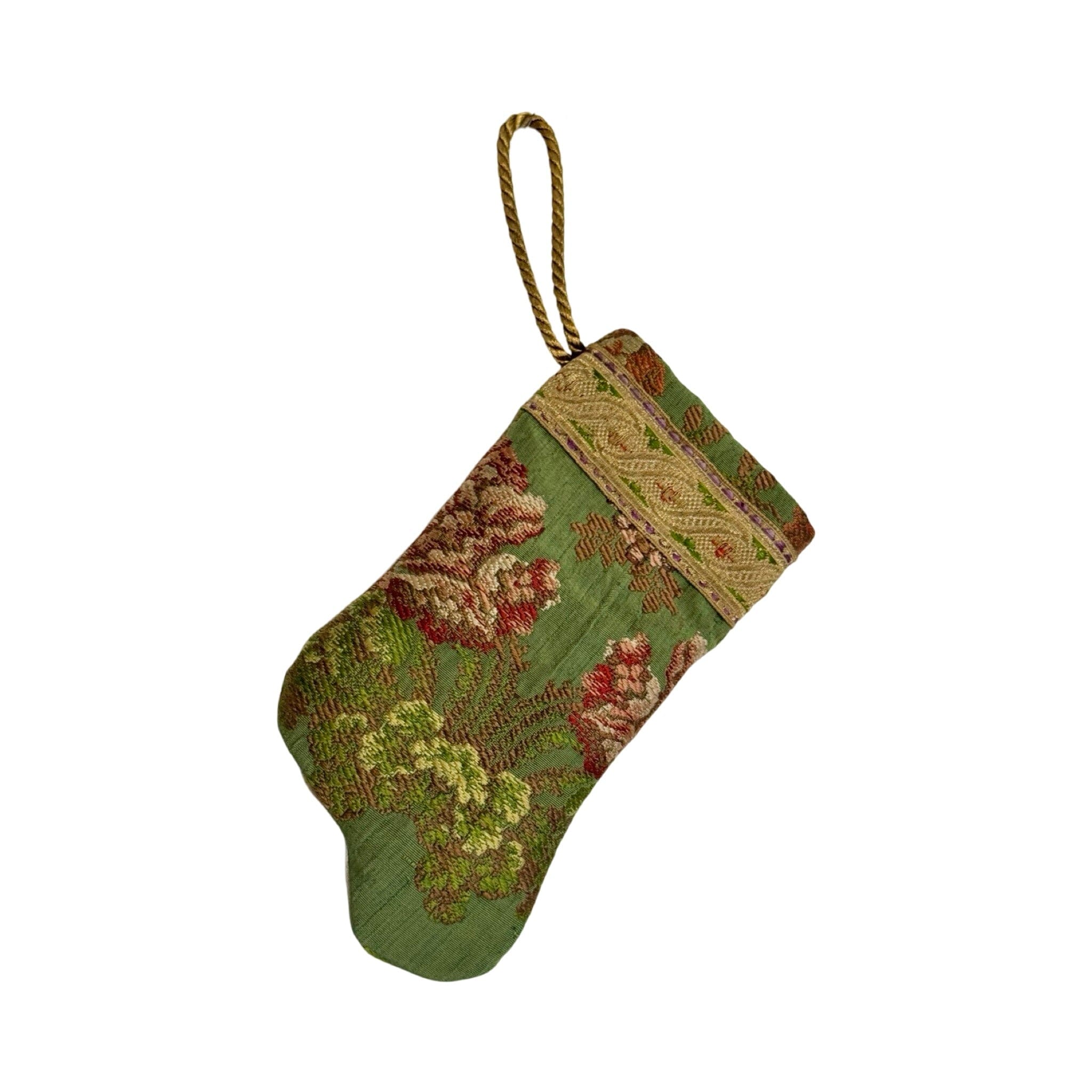 Handmade Mini Stocking Made From Vintage Fabric and Trims- Green Floral Ornament B. Viz Design D