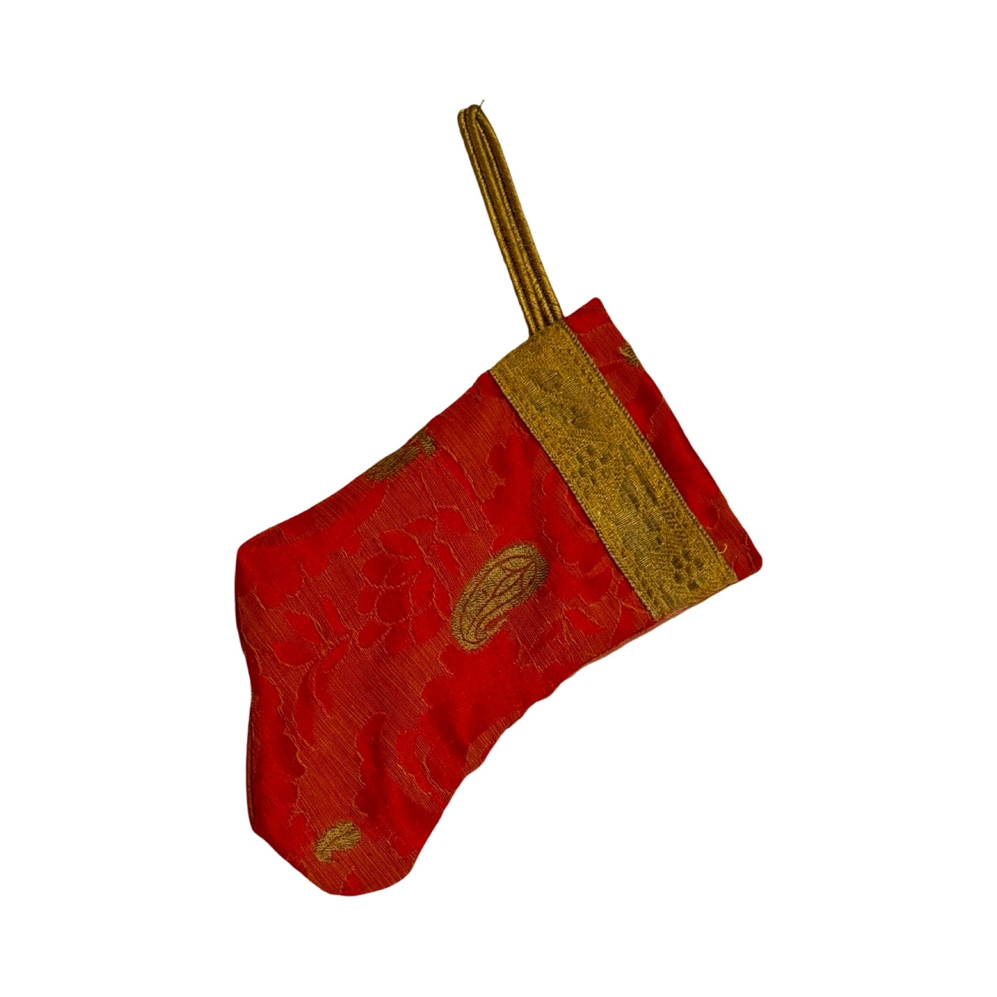 Handmade Mini Stocking Made From Vintage Fabric and Trims- Red and Gold Ornament B. Viz Design A