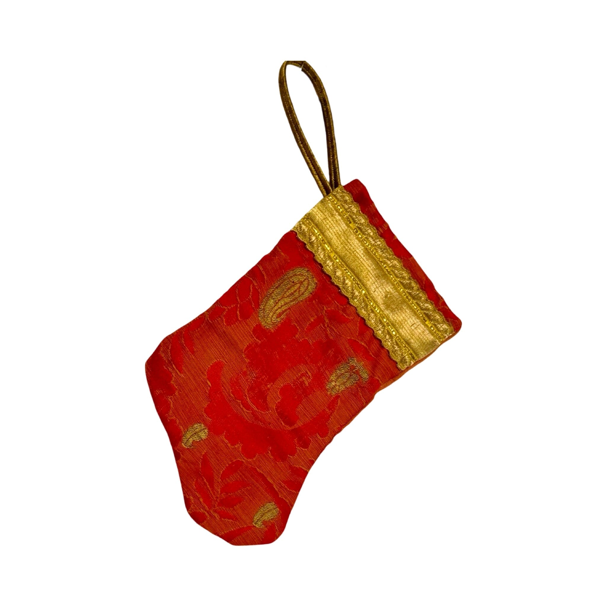 Handmade Mini Stocking Made From Vintage Fabric and Trims- Red and Gold Ornament B. Viz Design I