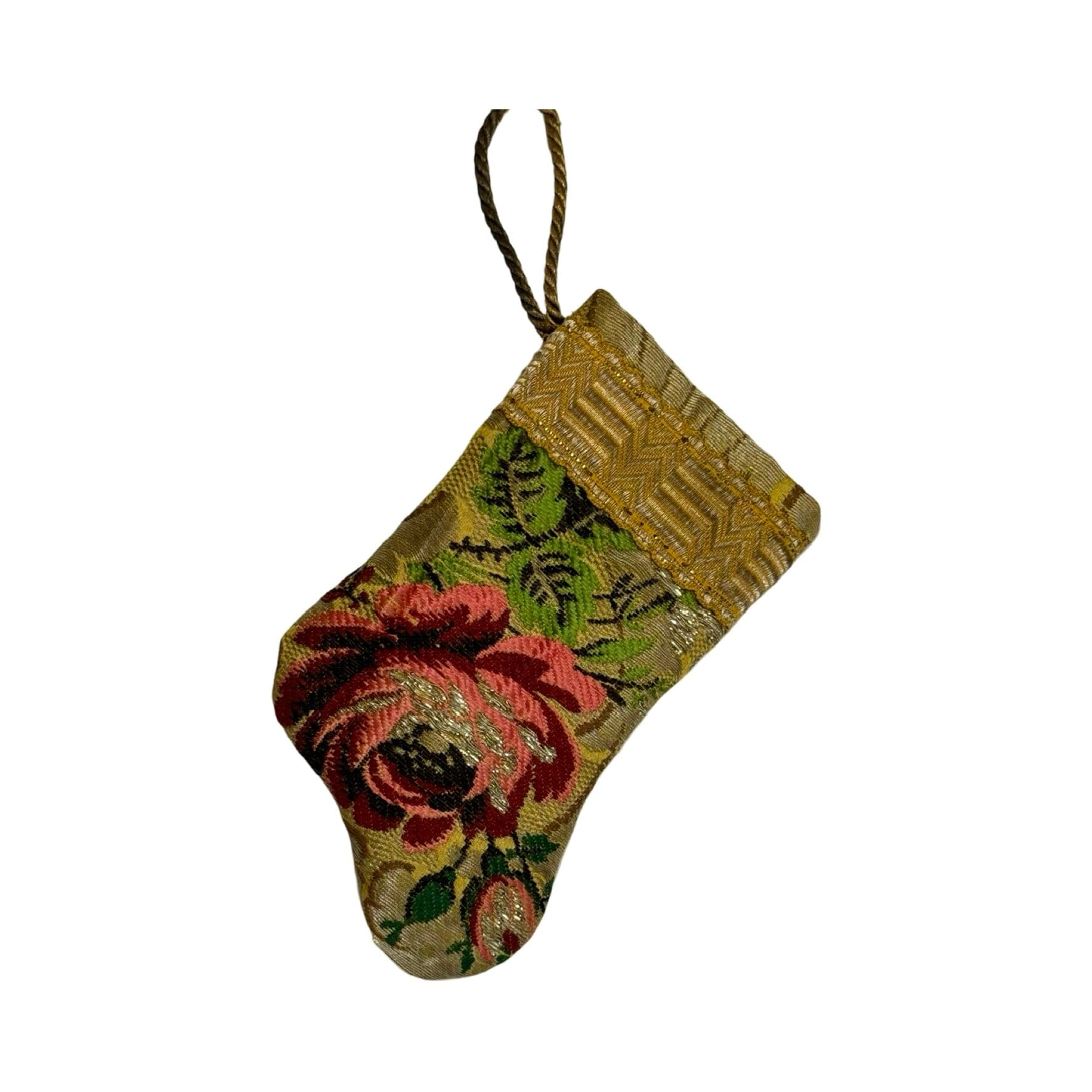 Handmade Mini Stocking Made From Vintage Fabric - Gold Rose Ornament B. Viz Design B