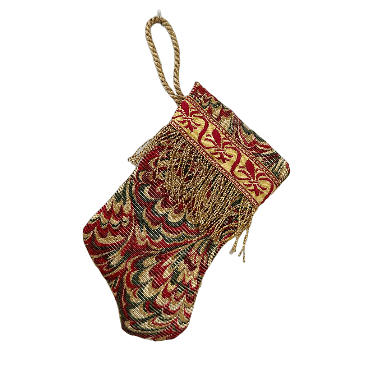 Handmade Mini Stocking Ornament from Antique & Vintage Textiles | Metallic Feather Ornament B. Viz Design B