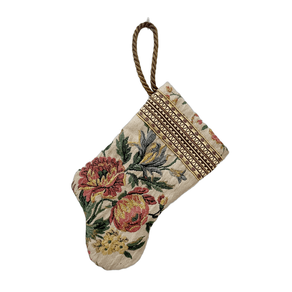 Handmade Mini Stocking Ornament from Antique & Vintage Textiles, Trims | Cream Rose Embroidery Ornament B. Viz Design C