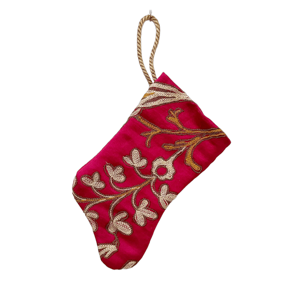 Handmade Mini Stocking Ornament from Antique & Vintage Textiles, Trims | Fuchsia Embroidery Ornament B. Viz Design A