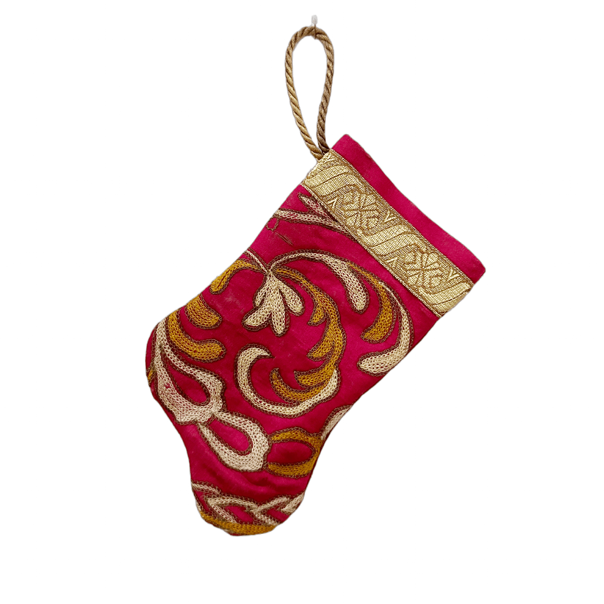 Handmade Mini Stocking Ornament from Antique & Vintage Textiles, Trims | Fuchsia Embroidery Ornament B. Viz Design B