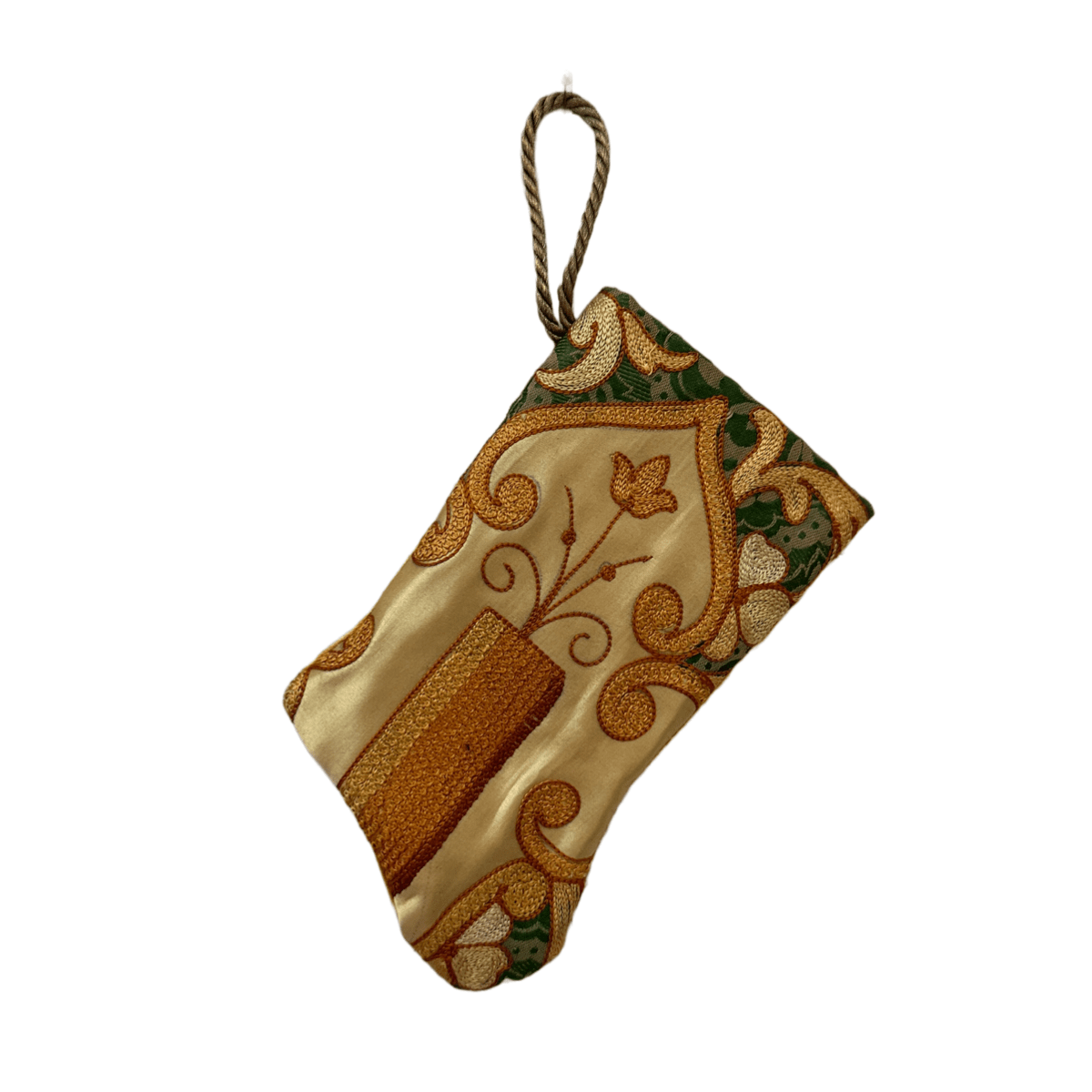 Handmade Mini Stocking Ornament from Antique & Vintage Textiles, Trims | Gold and Green Ornament B. Viz Design