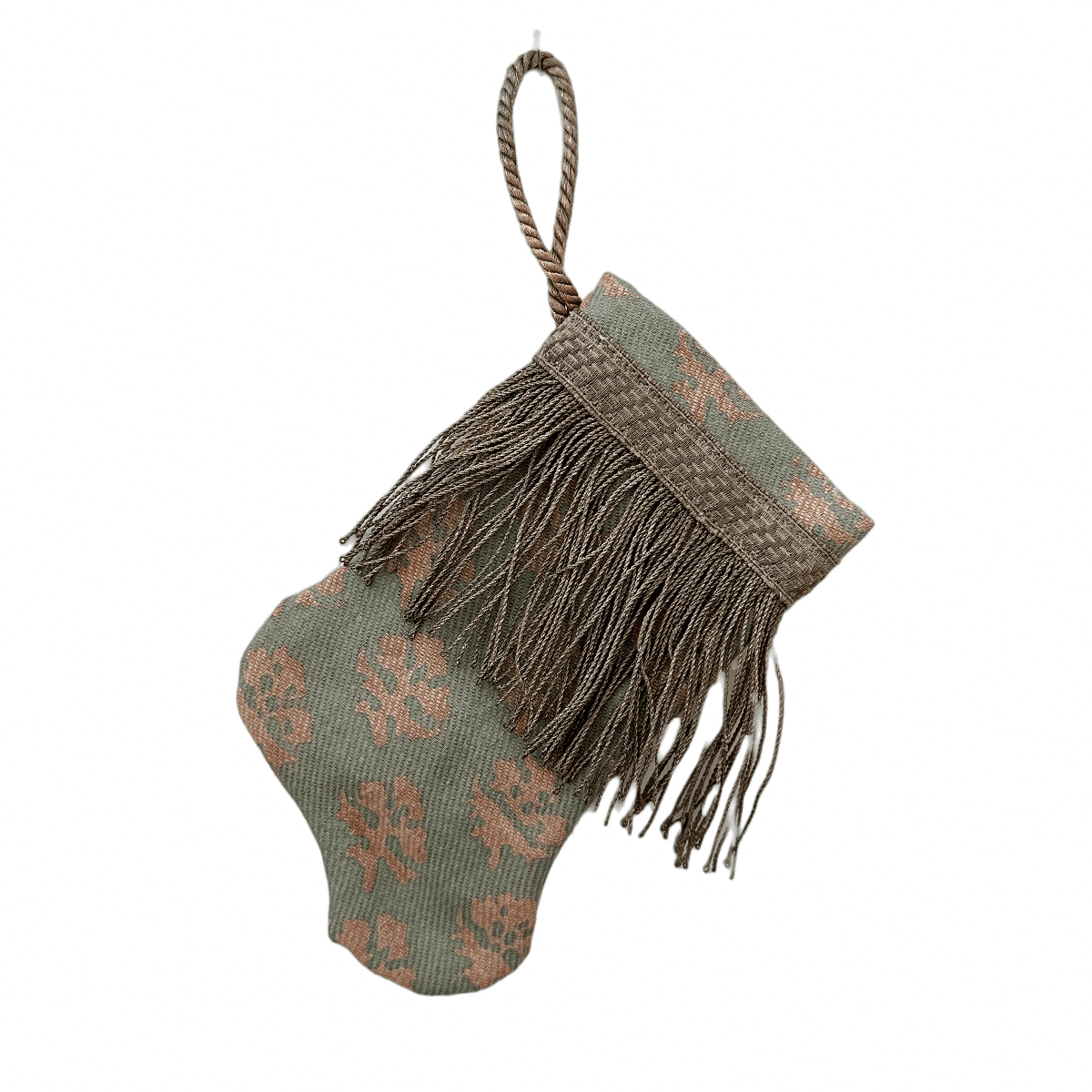 Handmade Mini Stocking Ornament from Antique & Vintage Textiles, Trims | Mint Fortuny Ornament B. Viz Design B