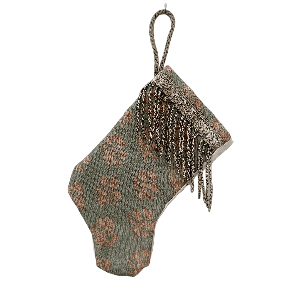 Handmade Mini Stocking Ornament from Antique & Vintage Textiles, Trims | Mint Fortuny Ornament B. Viz Design C