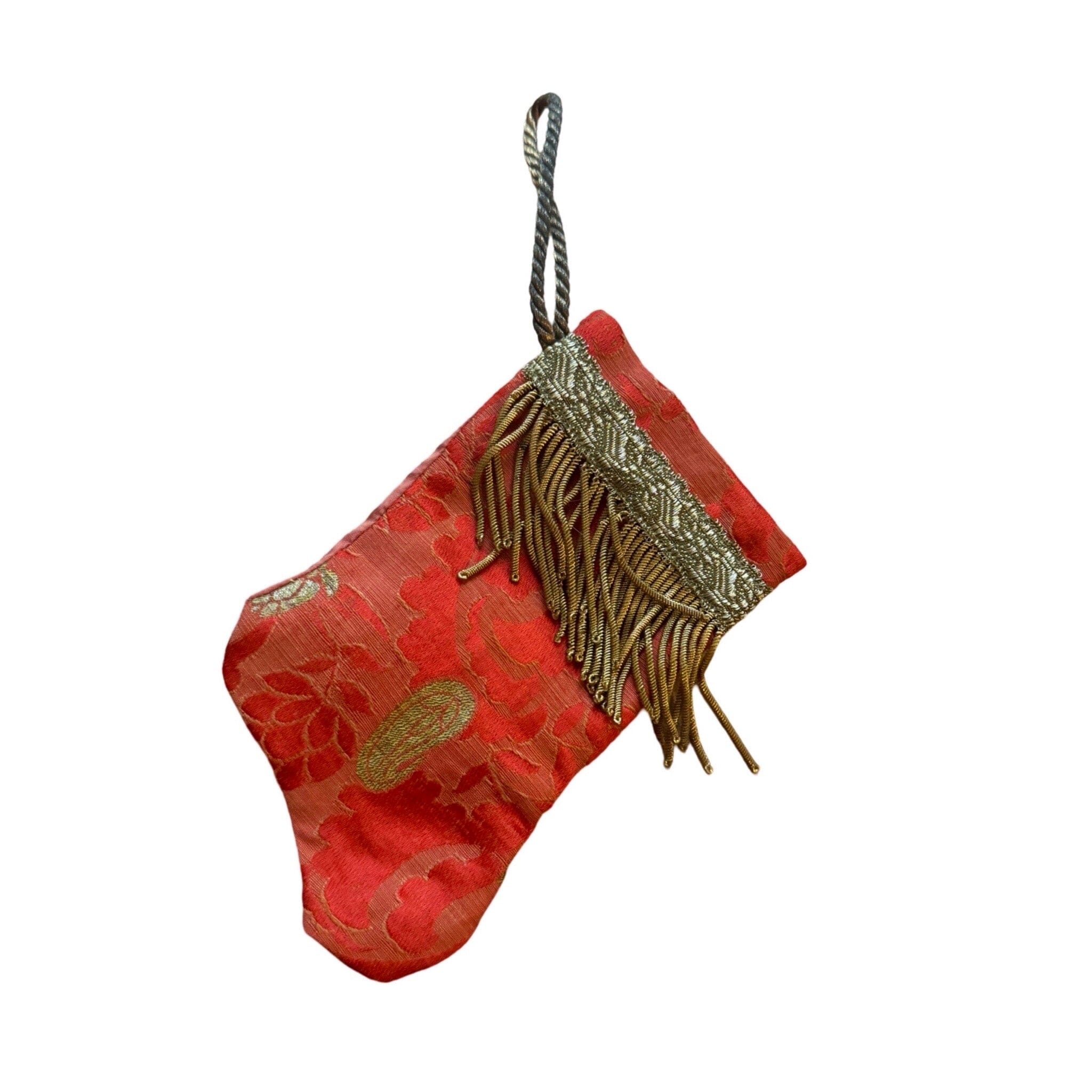 Handmade Mini Stocking Ornament from Antique & Vintage Textiles, Trims - Red and Gold Ornament B. Viz Design A