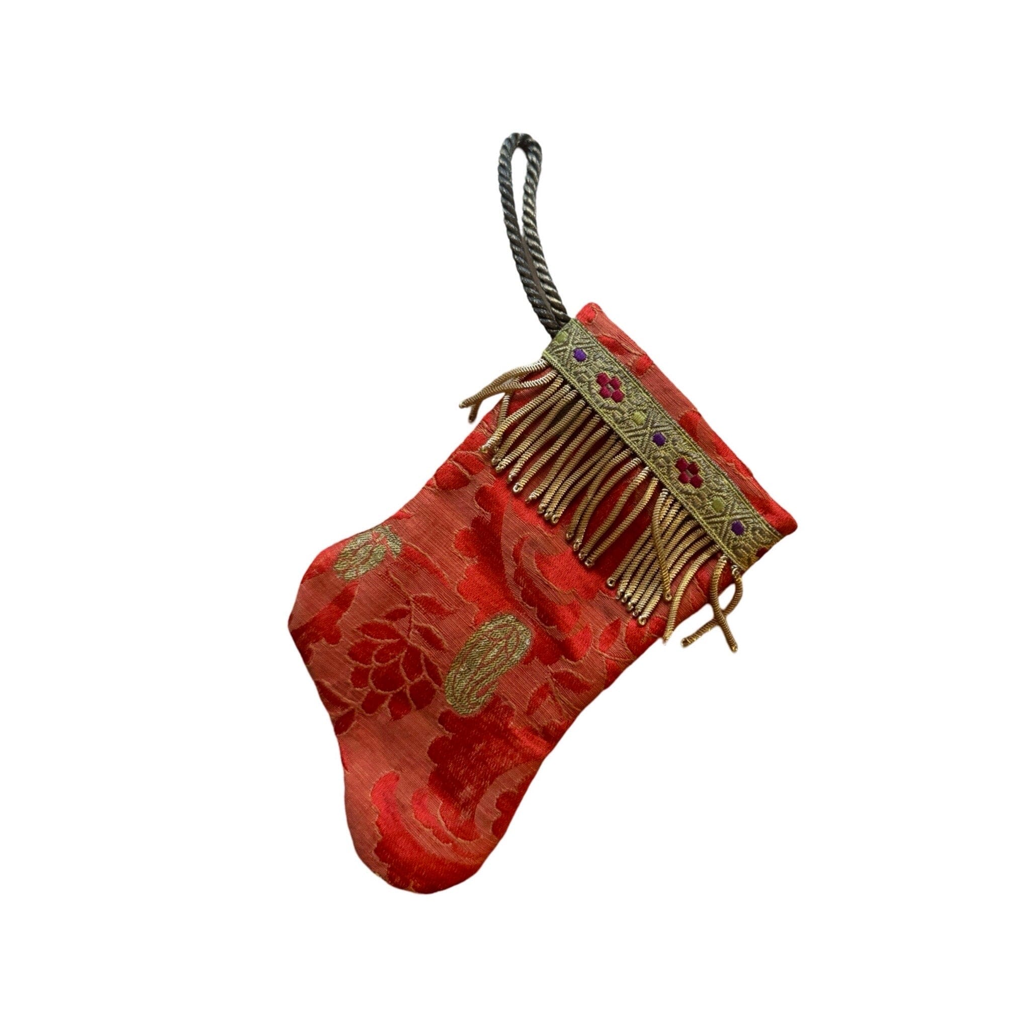 Handmade Mini Stocking Ornament from Antique & Vintage Textiles, Trims - Red and Gold Ornament B. Viz Design B