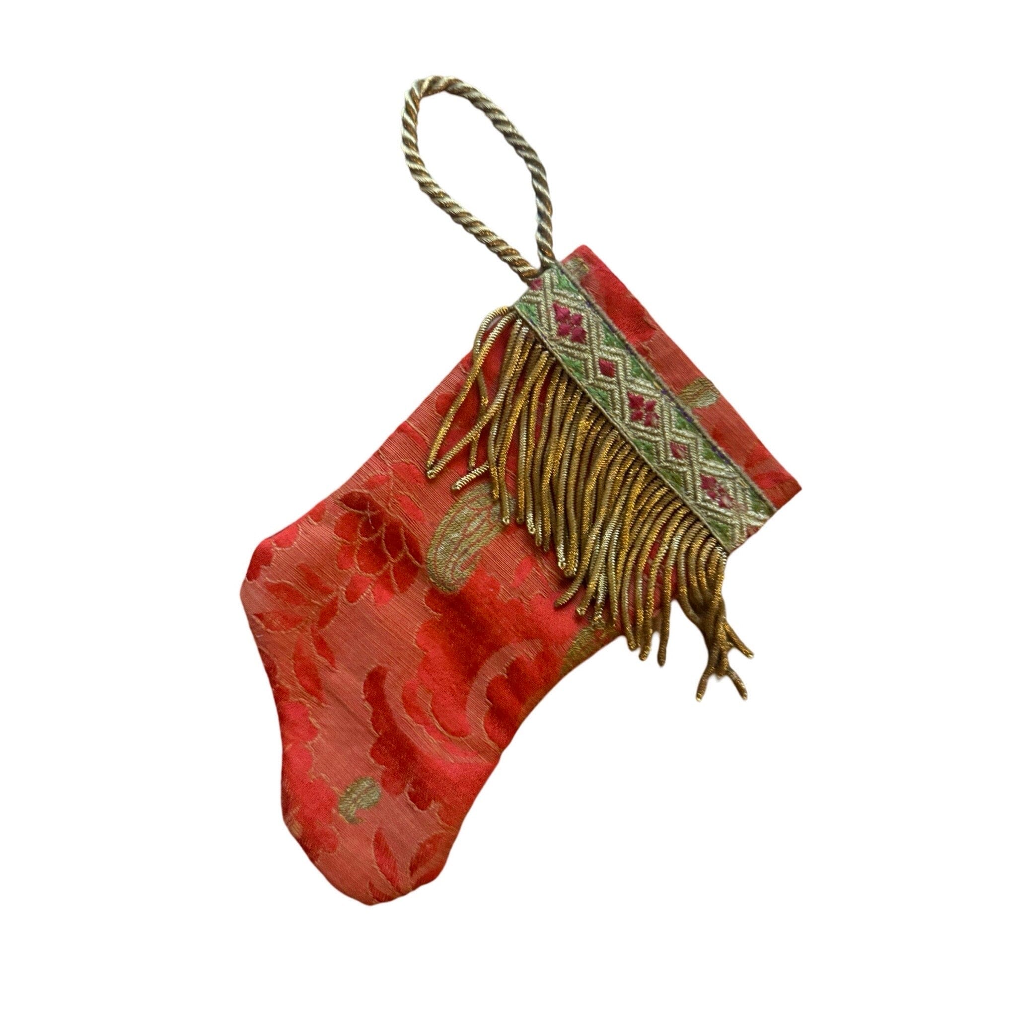Handmade Mini Stocking Ornament from Antique & Vintage Textiles, Trims - Red and Gold Ornament B. Viz Design N