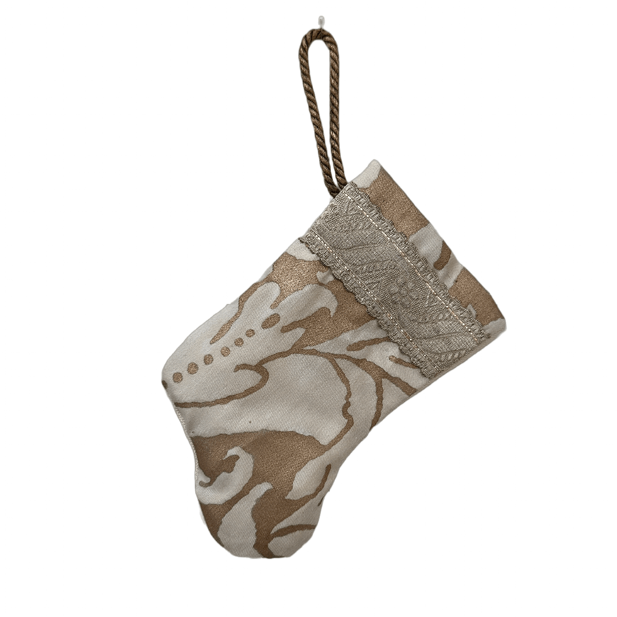 Handmade Mini Stocking Ornament from Antique & Vintage Textiles, Trims | White and Gold Fortuny Ornament B. Viz Design