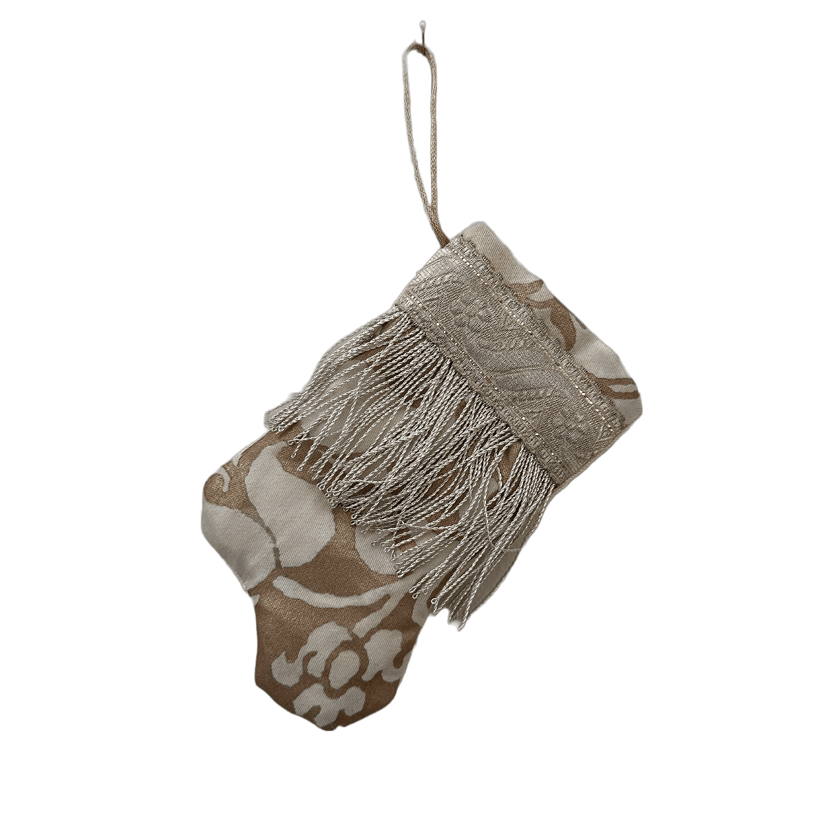 Handmade Mini Stocking Ornament from Antique & Vintage Textiles, Trims | White and Gold Fortuny Ornament B. Viz Design B