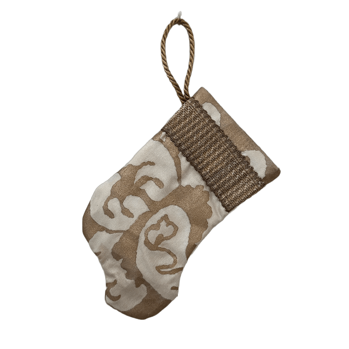 Handmade Mini Stocking Ornament from Antique & Vintage Textiles, Trims | White and Gold Fortuny Ornament B. Viz Design D