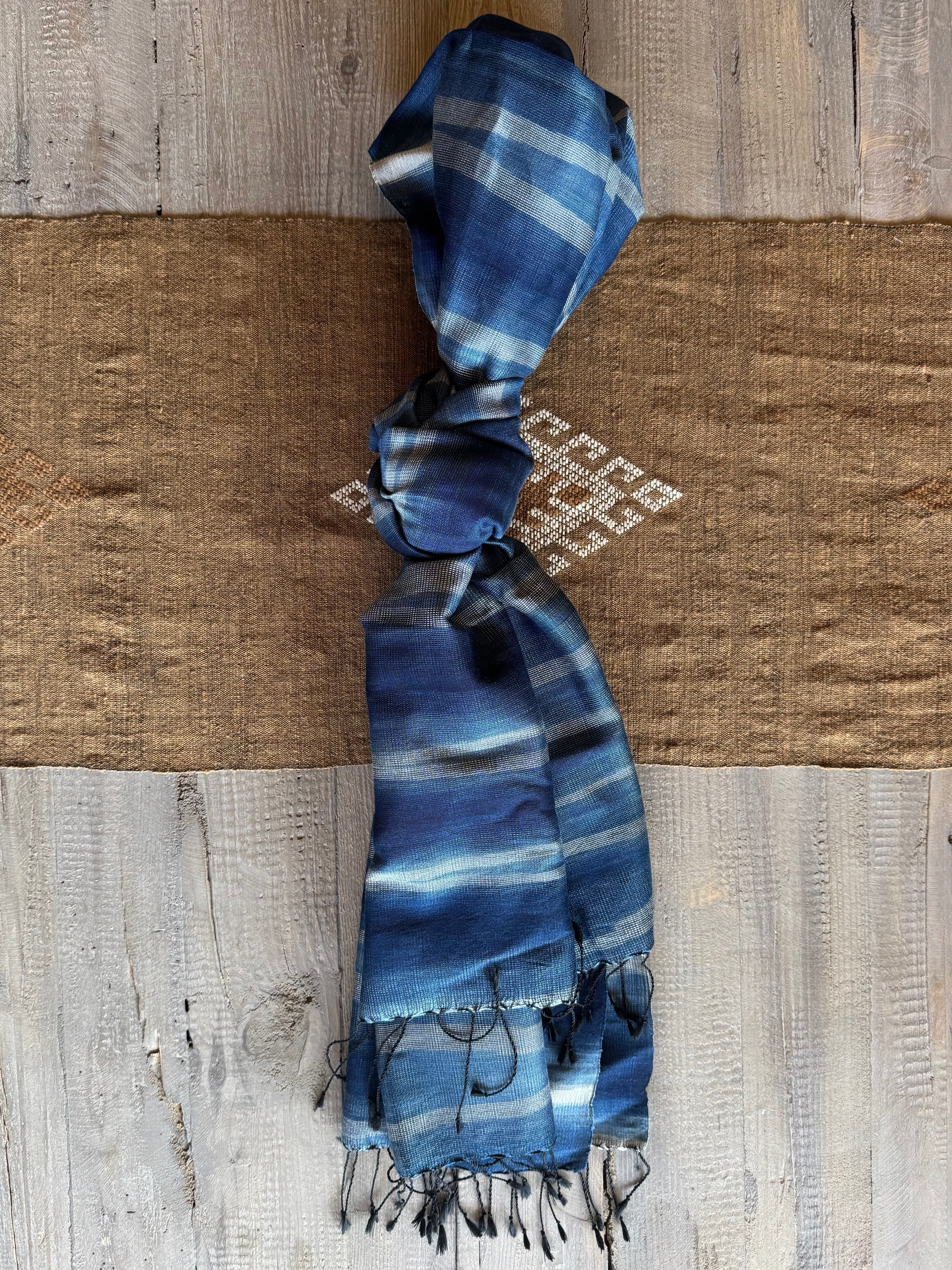 Handwoven Indigo and Ebony Silk Scarf from Thailand Scarf Baanpueng Handmade Shop G