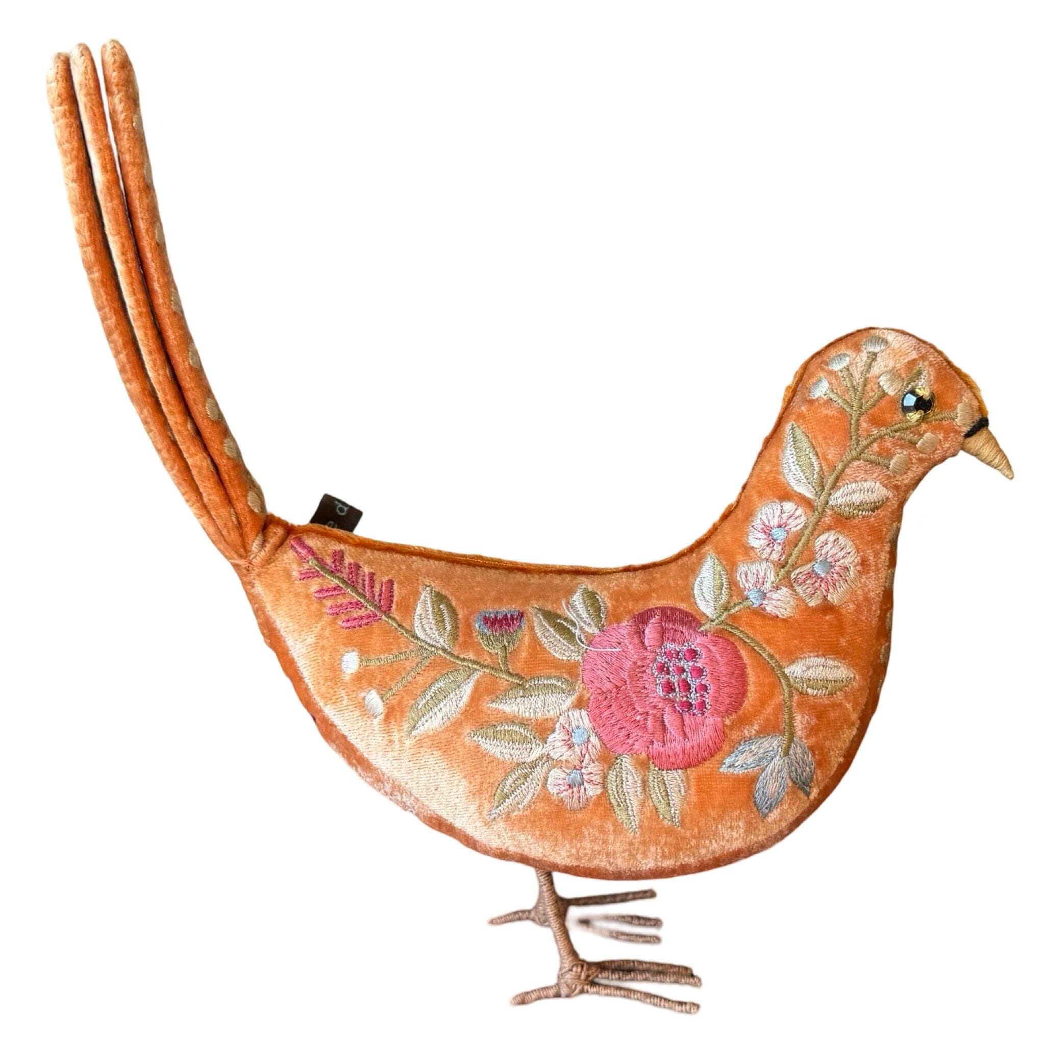 LIZA Hand Embroidered Silk Velvet Standing Tangerine Dove Objet d'Art Anke Drechsel