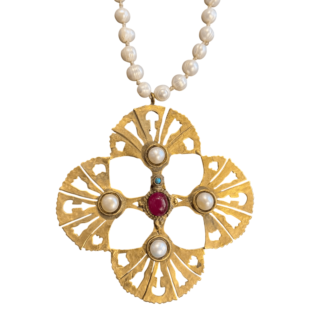 Long Freshwater Pearl Beaded Necklace with Central Asian Motif Cross Pendant Necklace Eyup Gunduz