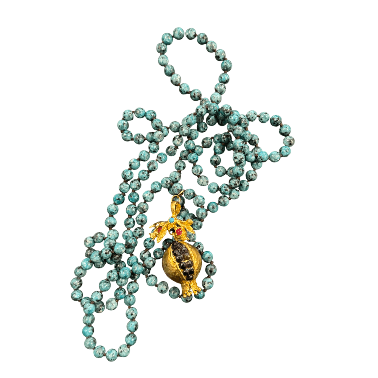 Long Turquoise Beaded Necklace with Pomegranate Pendant Necklace Eyup Gunduz