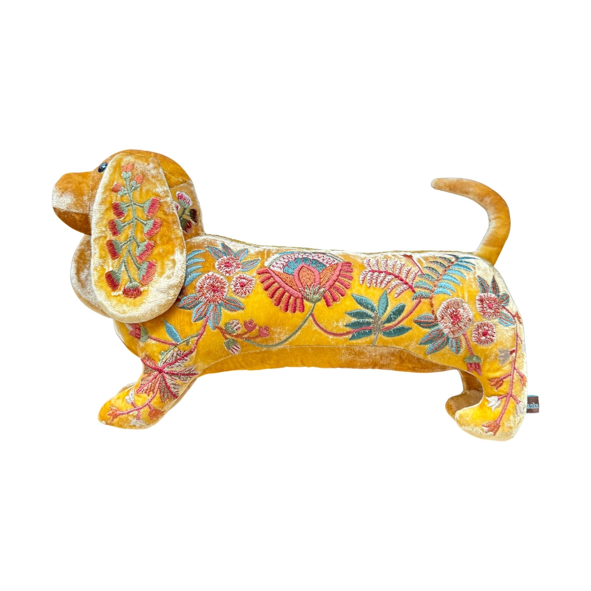 MME BOVARY Hand Embroidered Silk Velvet Shaded Yellow Dachshund Objet d'Art Anke Drechsel