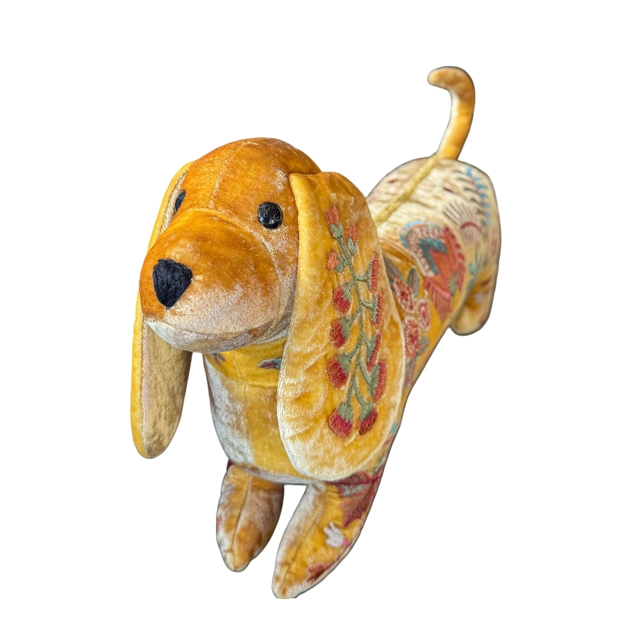 MME BOVARY Hand Embroidered Silk Velvet Shaded Yellow Dachshund Objet d'Art Anke Drechsel