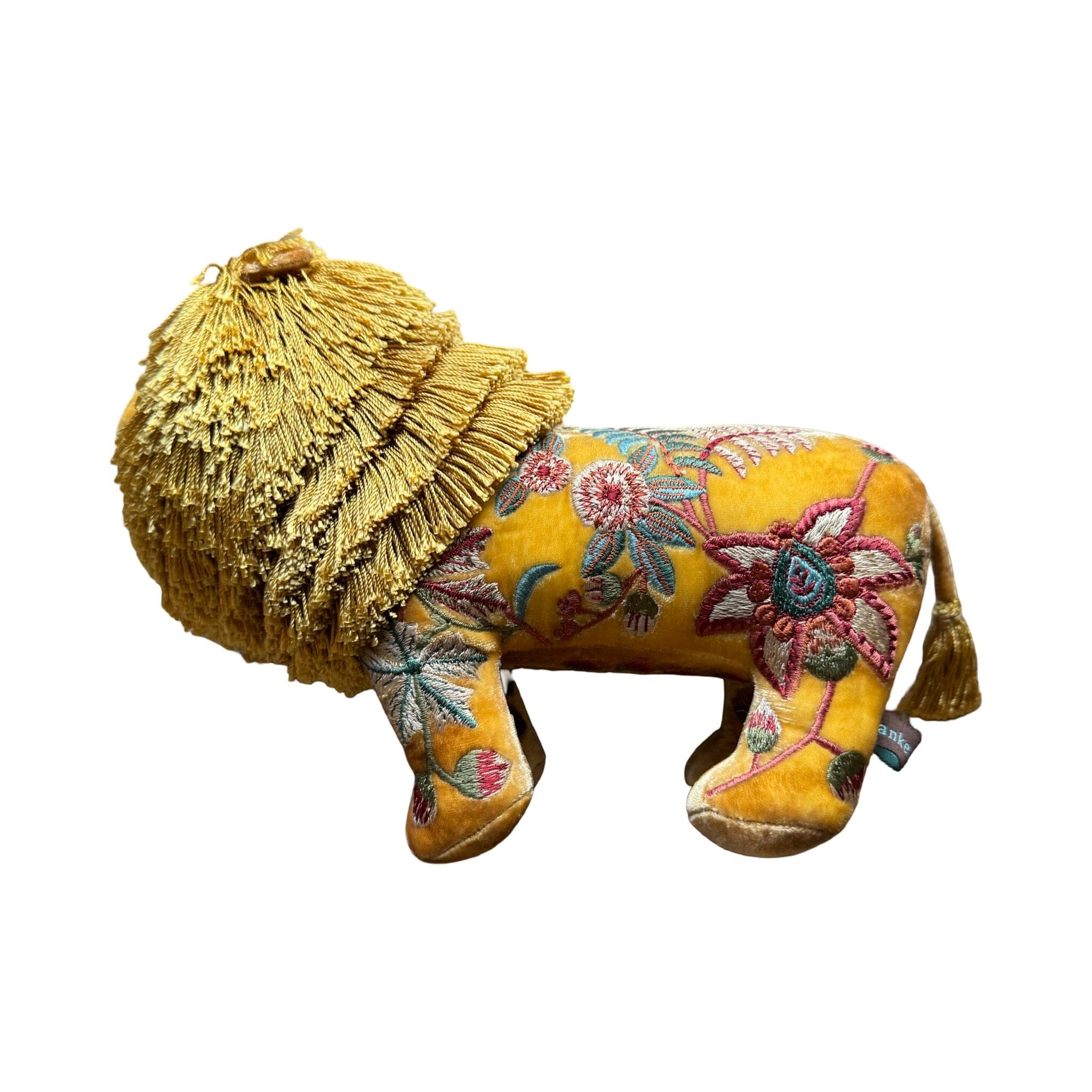 MME BOVARY Hand Embroidered Silk Velvet Shaded Yellow Lion Objet d'Art Anke Drechsel
