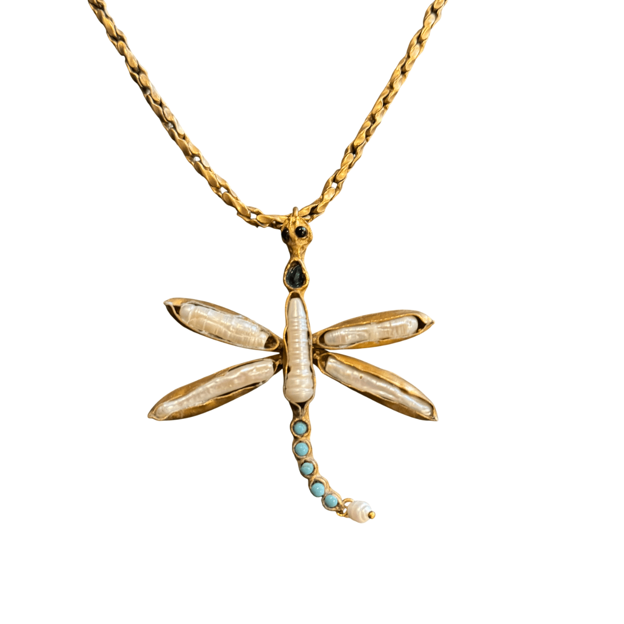 Pearl and Turquoise Dragonfly Pendant on a Brass Chain Necklace Eyup Gunduz
