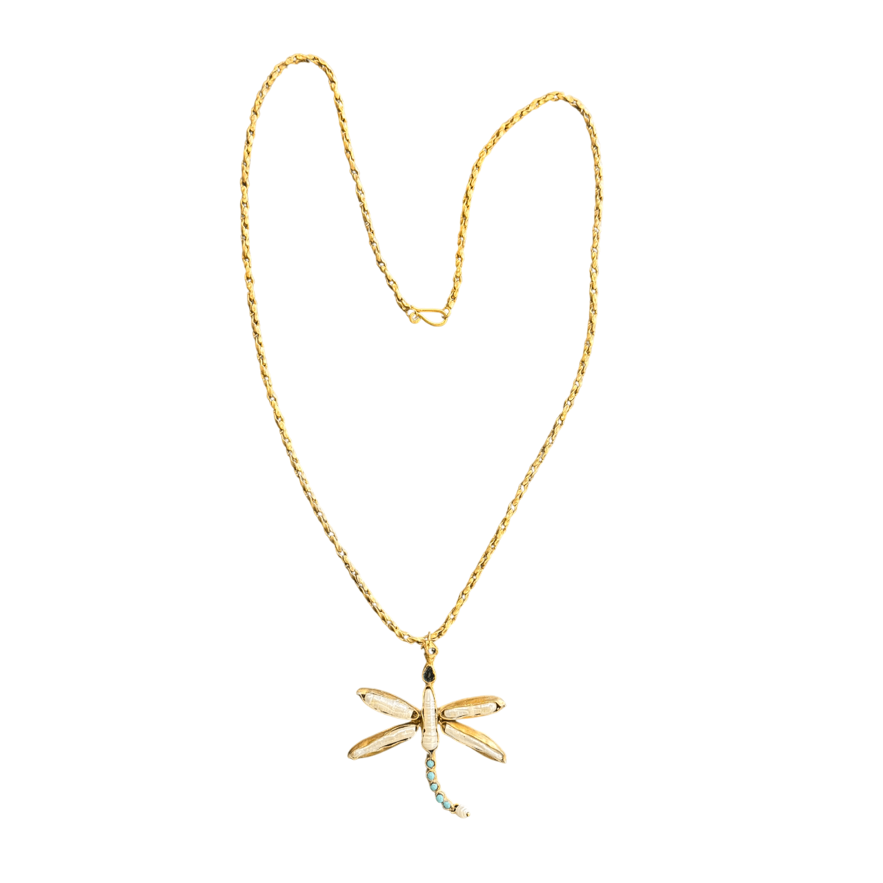 Pearl and Turquoise Dragonfly Pendant on a Brass Chain Necklace Eyup Gunduz