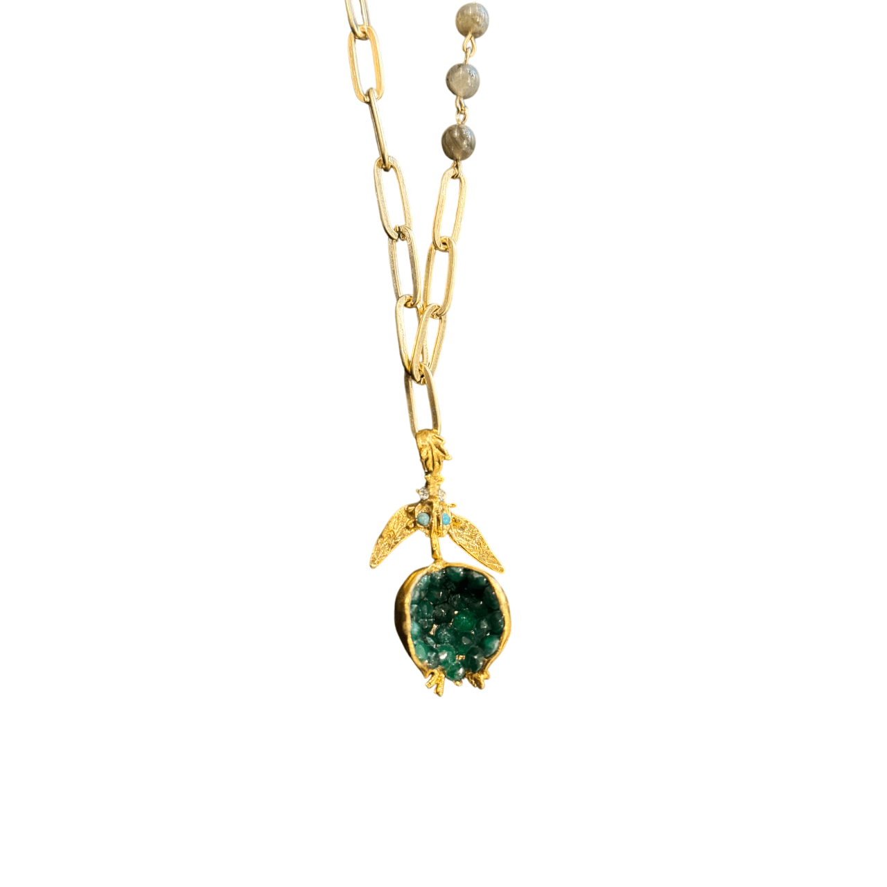 Pomegranate Pendant on Gold Chain with Natural Agate Necklace Eyup Gunduz Green Pomegranate