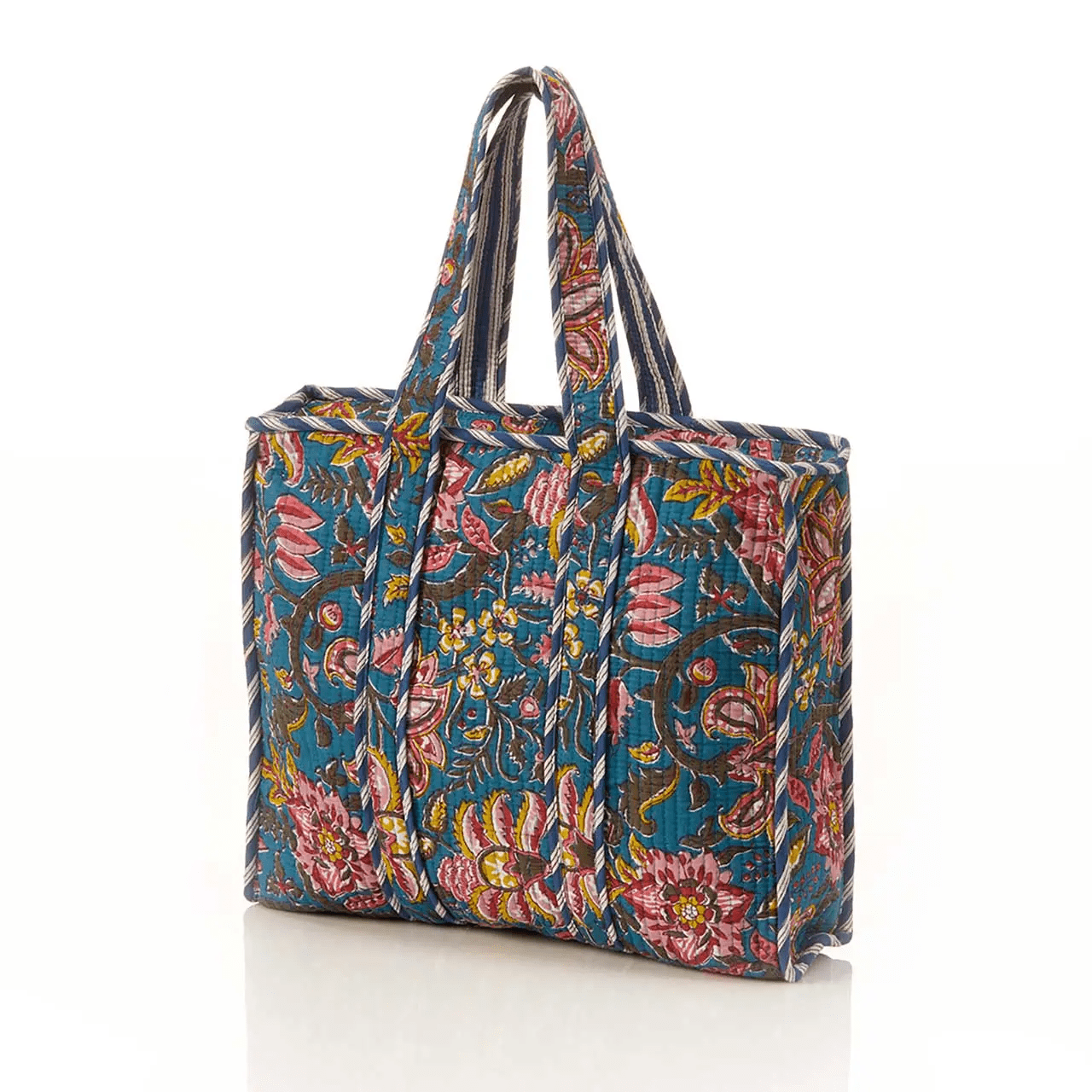 Quilted Block Print Cotton Travel Tote Tote Serrv International Bright Flowers
