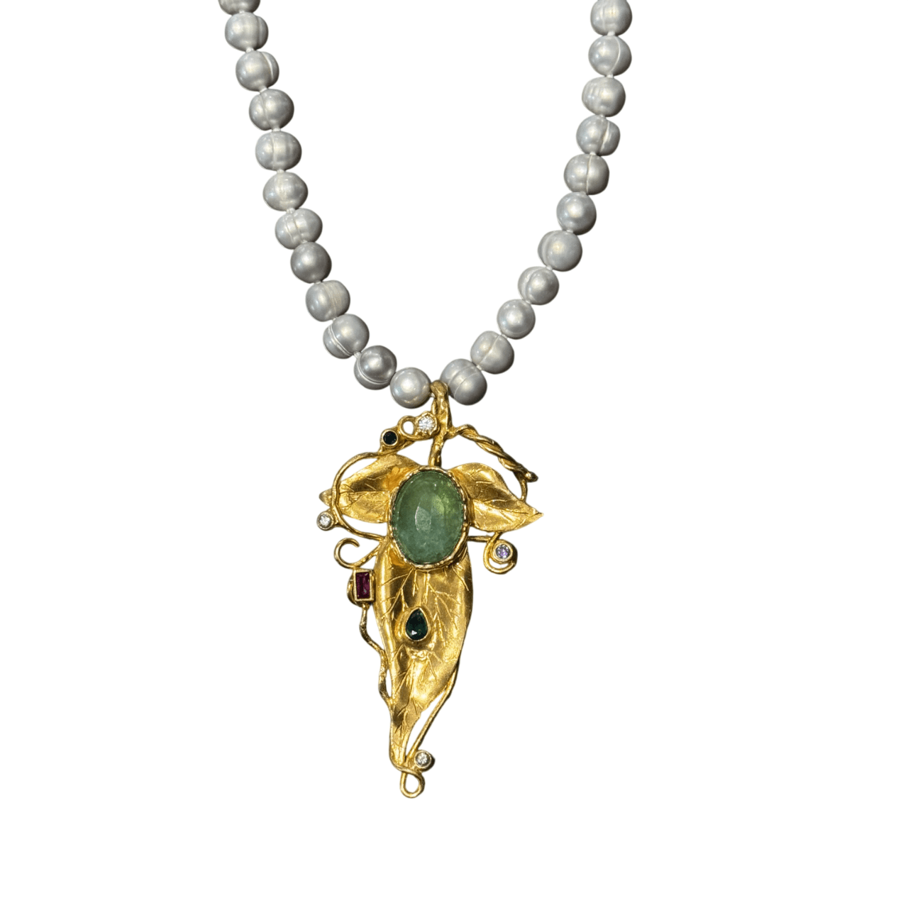 Silver Freshwater Pearl Necklace with Gold Leaf Jeweled Pendant Necklace Eyup Gunduz