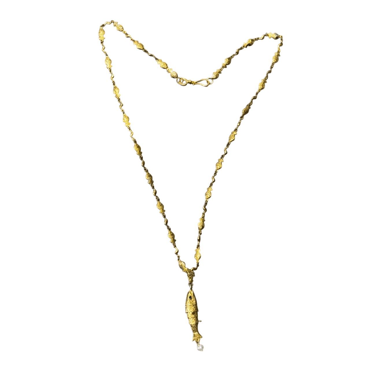 Small Gold Fish Pendant with Pearl on Fish Chain Necklace Eyup Gunduz