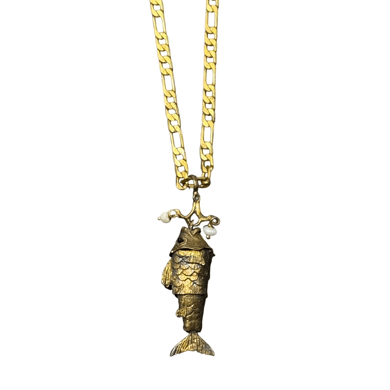 Small Gold Fish Pendant with Two Pearls on Gold Brass Chain Necklace Eyup Gunduz