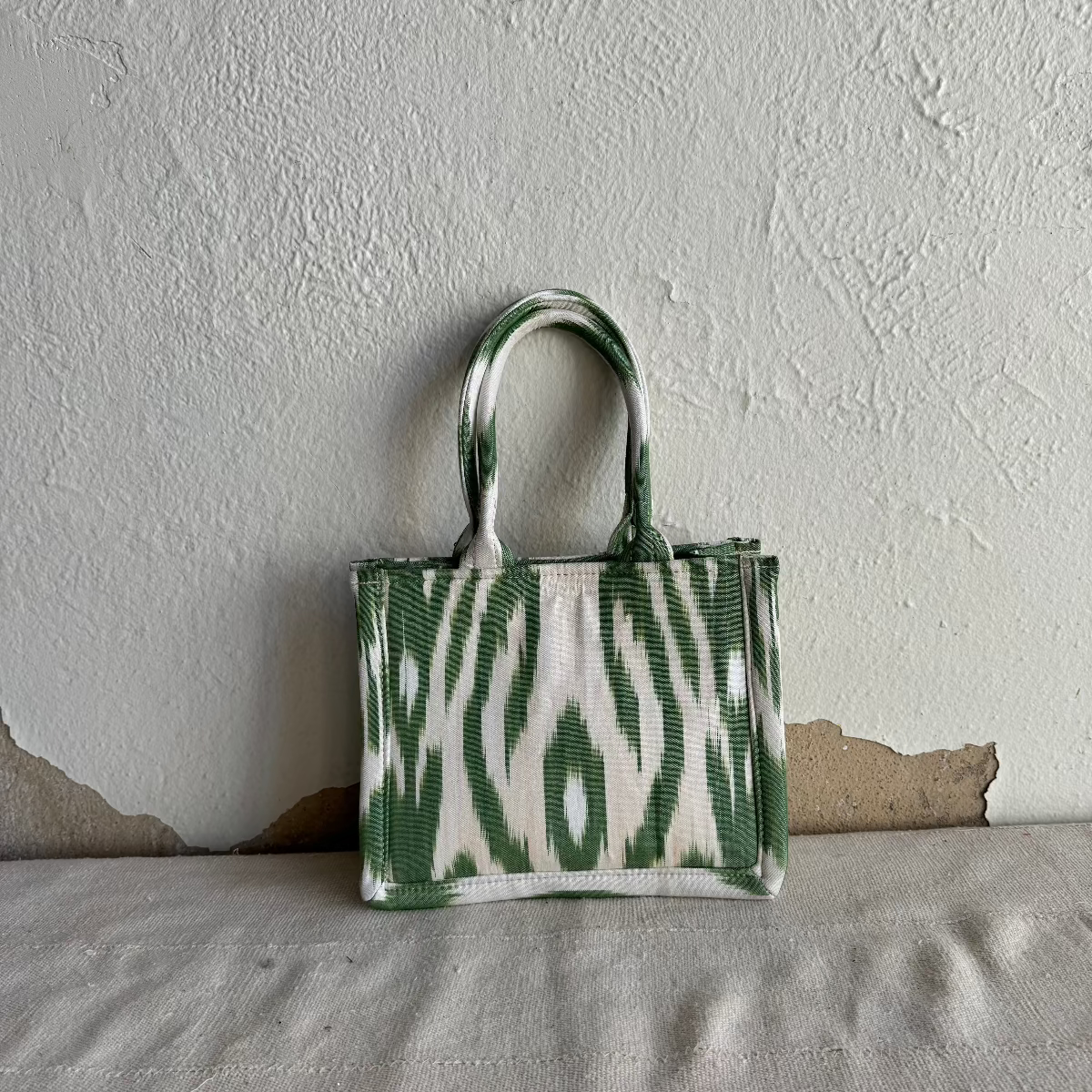 Small Square Silk Ikat Purse from Uzbekistan Tote Fergana Aziz Green and White