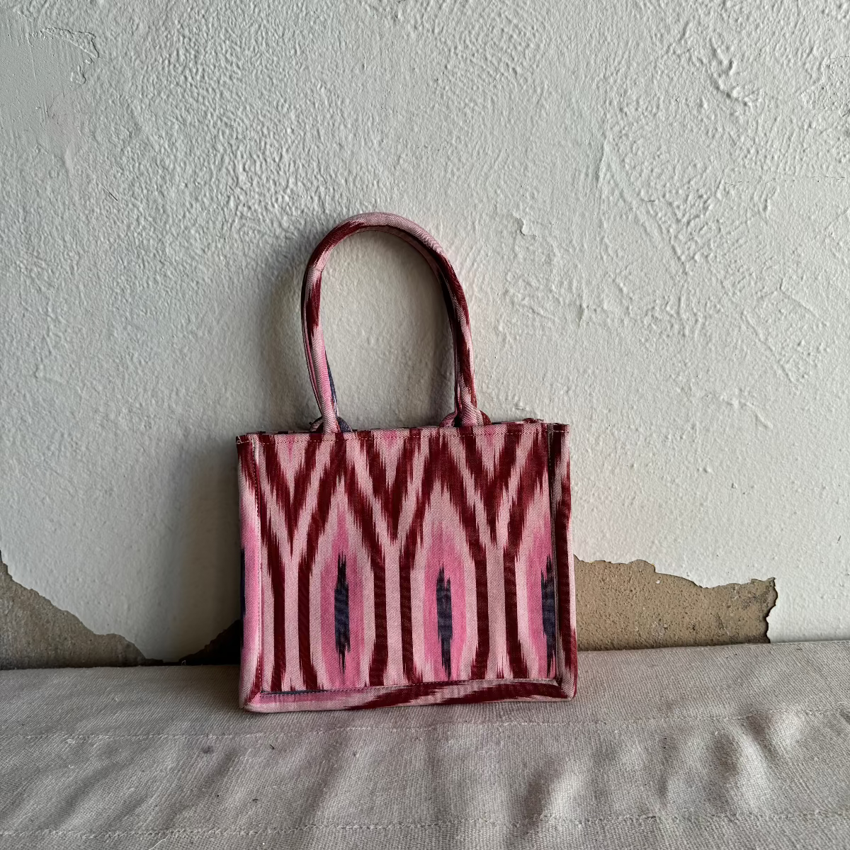 Small Square Silk Ikat Purse from Uzbekistan Tote Fergana Aziz Pink with Red and Blue